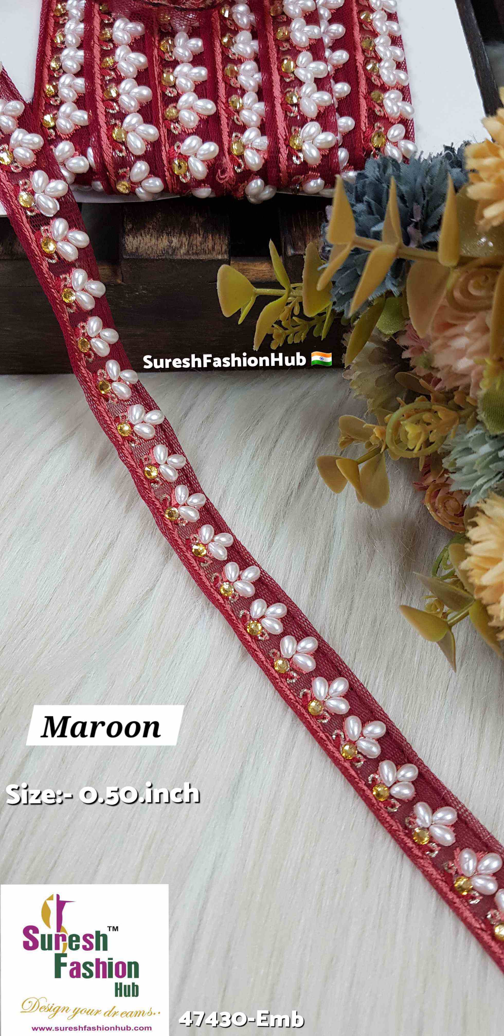 LuxeGlimmer Embroidered Trim Maroon  Color