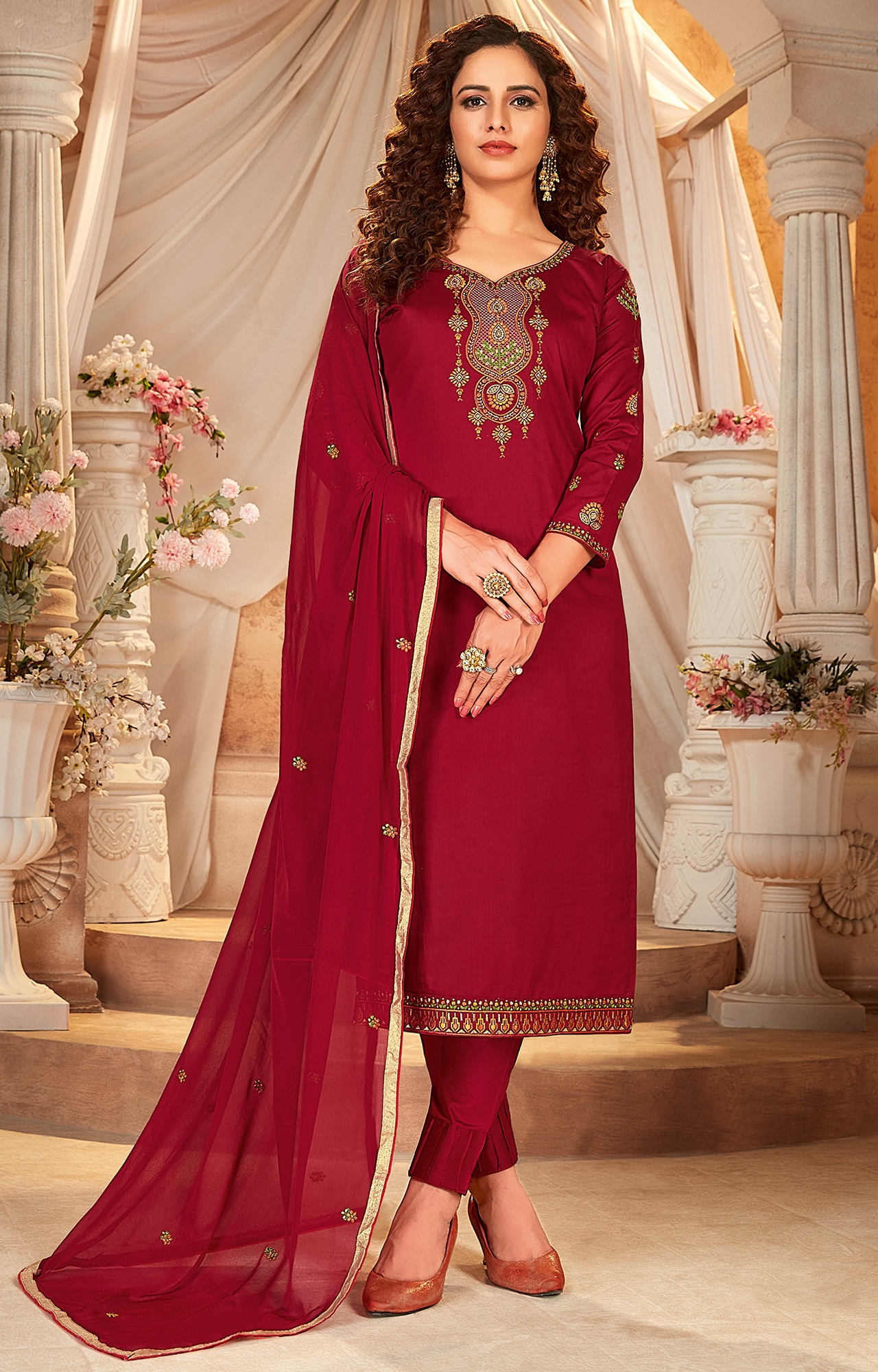 Maroon Color Cotton Embroidered Unstitched Dress Material-FL_PANKHUDI1063_DM