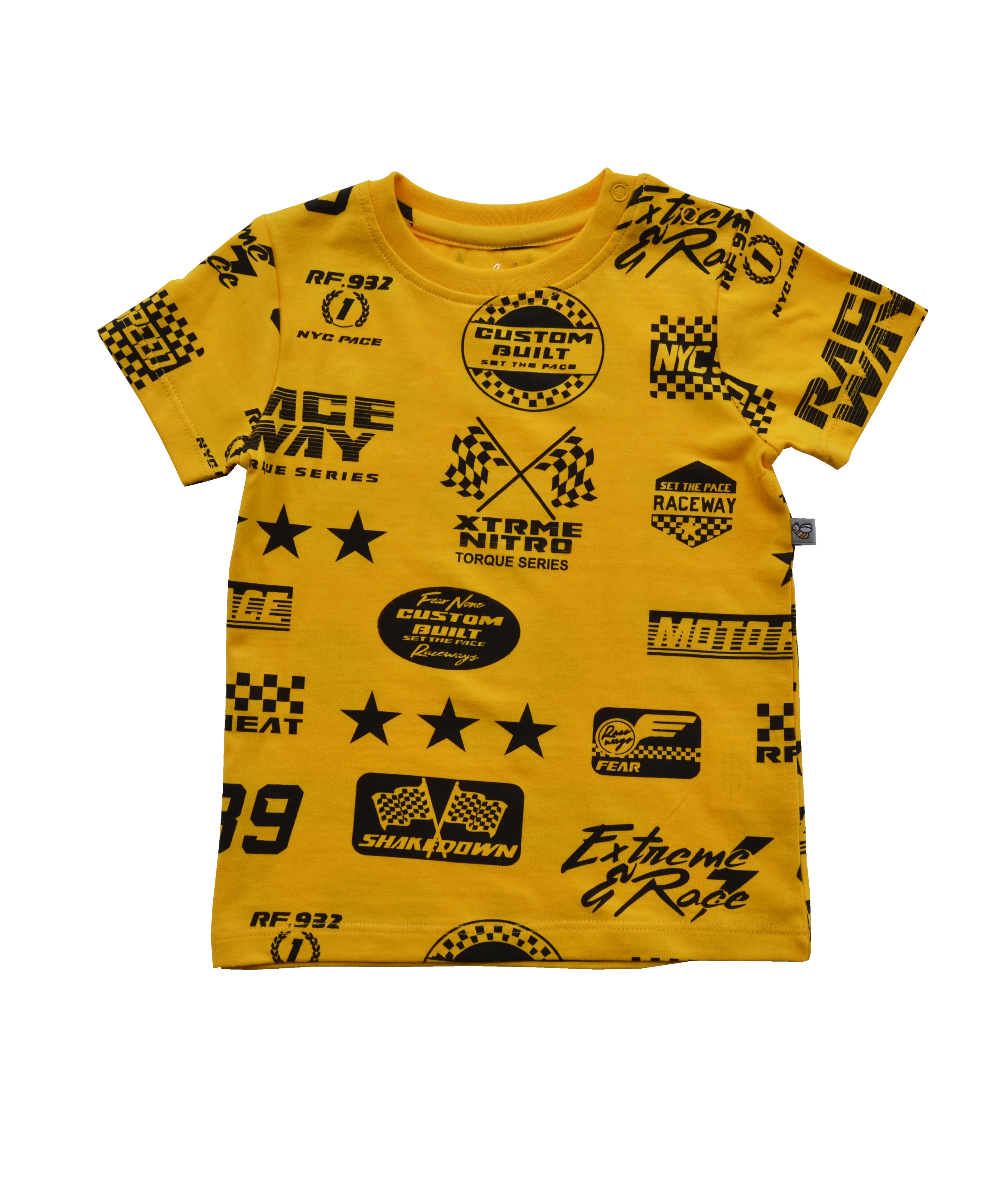 Babeez | Allover RACE Print on Yellow Short Sleeve T-Shirt (100% Cotton Single Jersey) undefined