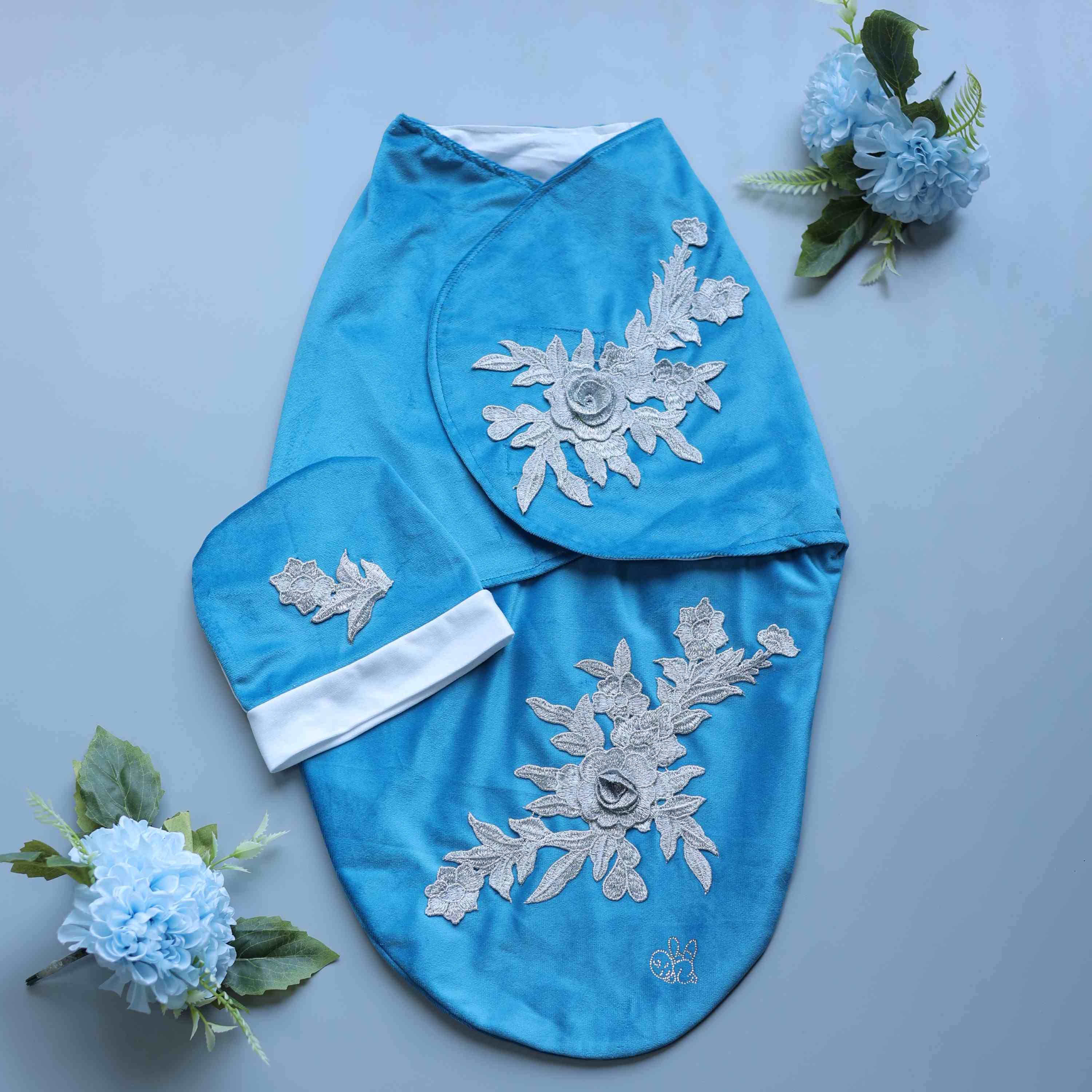 Azure Bloom Velour Swaddle Set