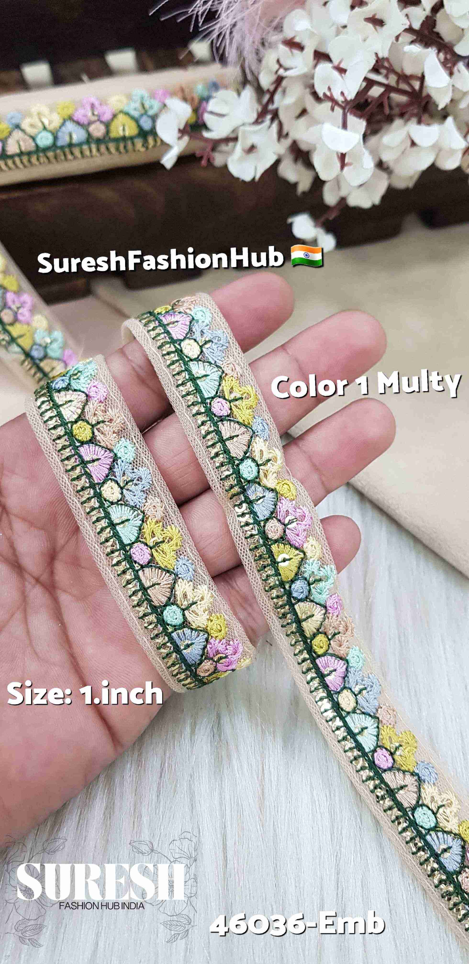 Color 1 Multi-Color Floral Embroidery Beige Net Lace