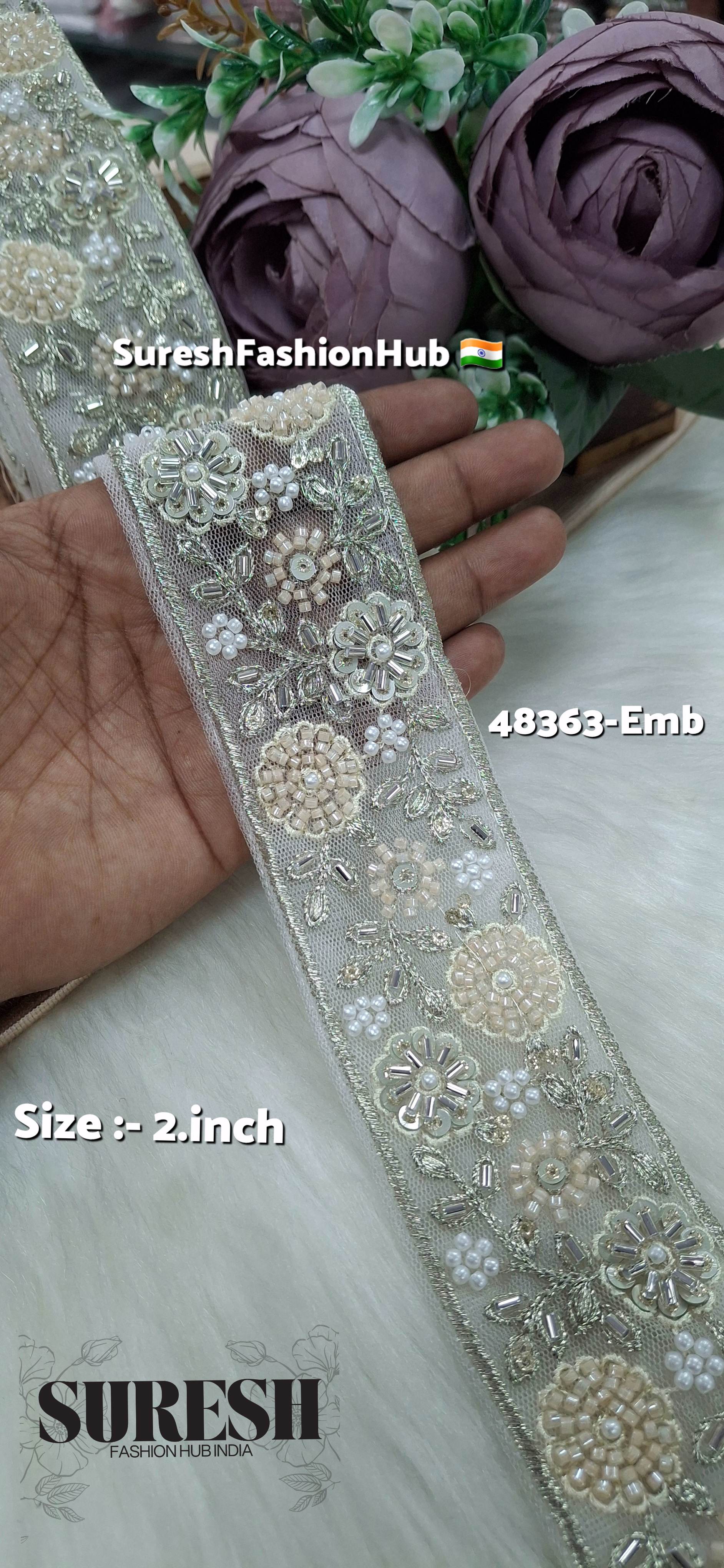 Offwhite Beaded Floral Net Embroidered Lace