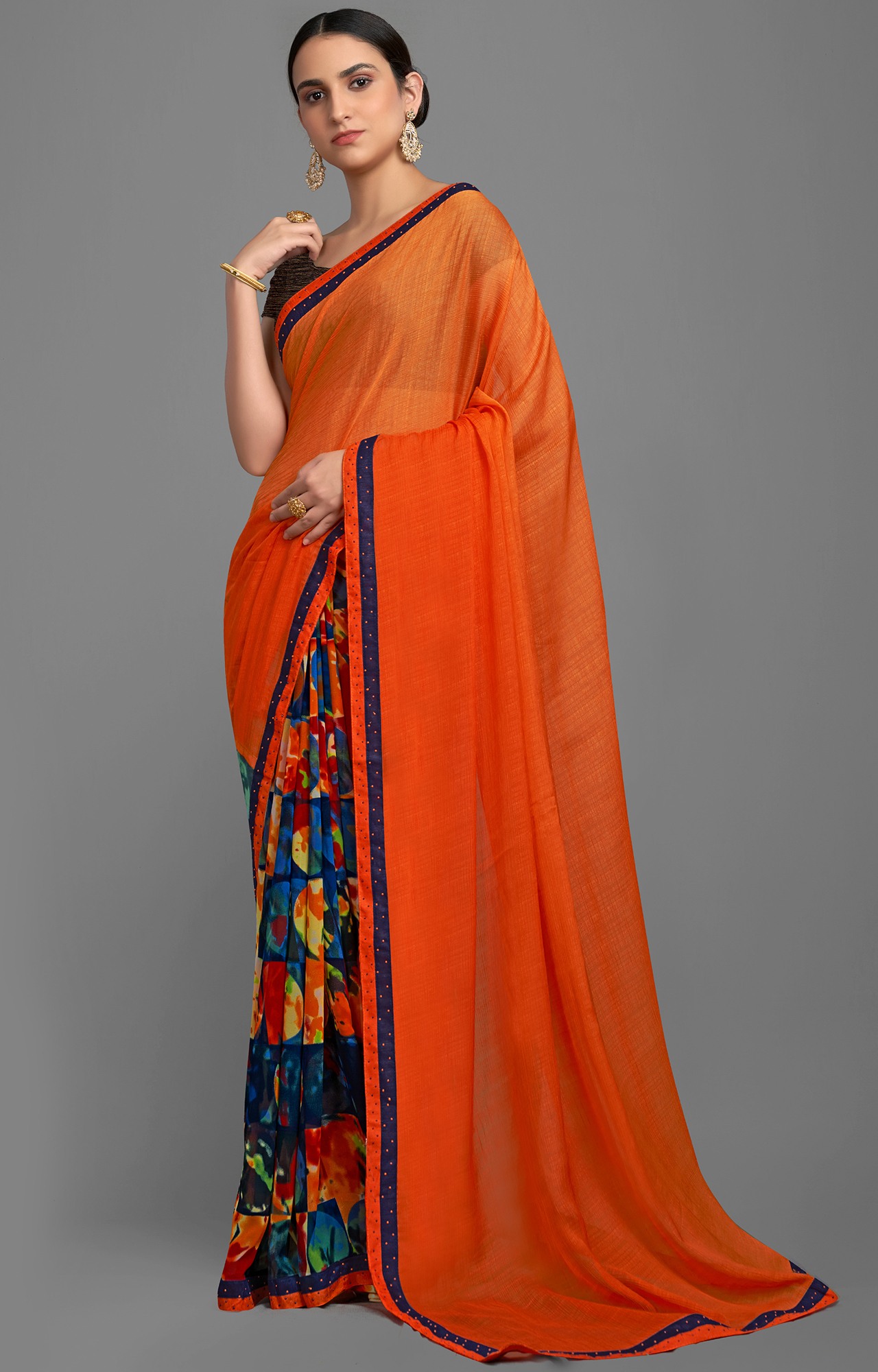 Women's Orange and Blue Georgette Chiffon Blend Solid Printed Half N Half Saree-SHAMA6668SSSR004