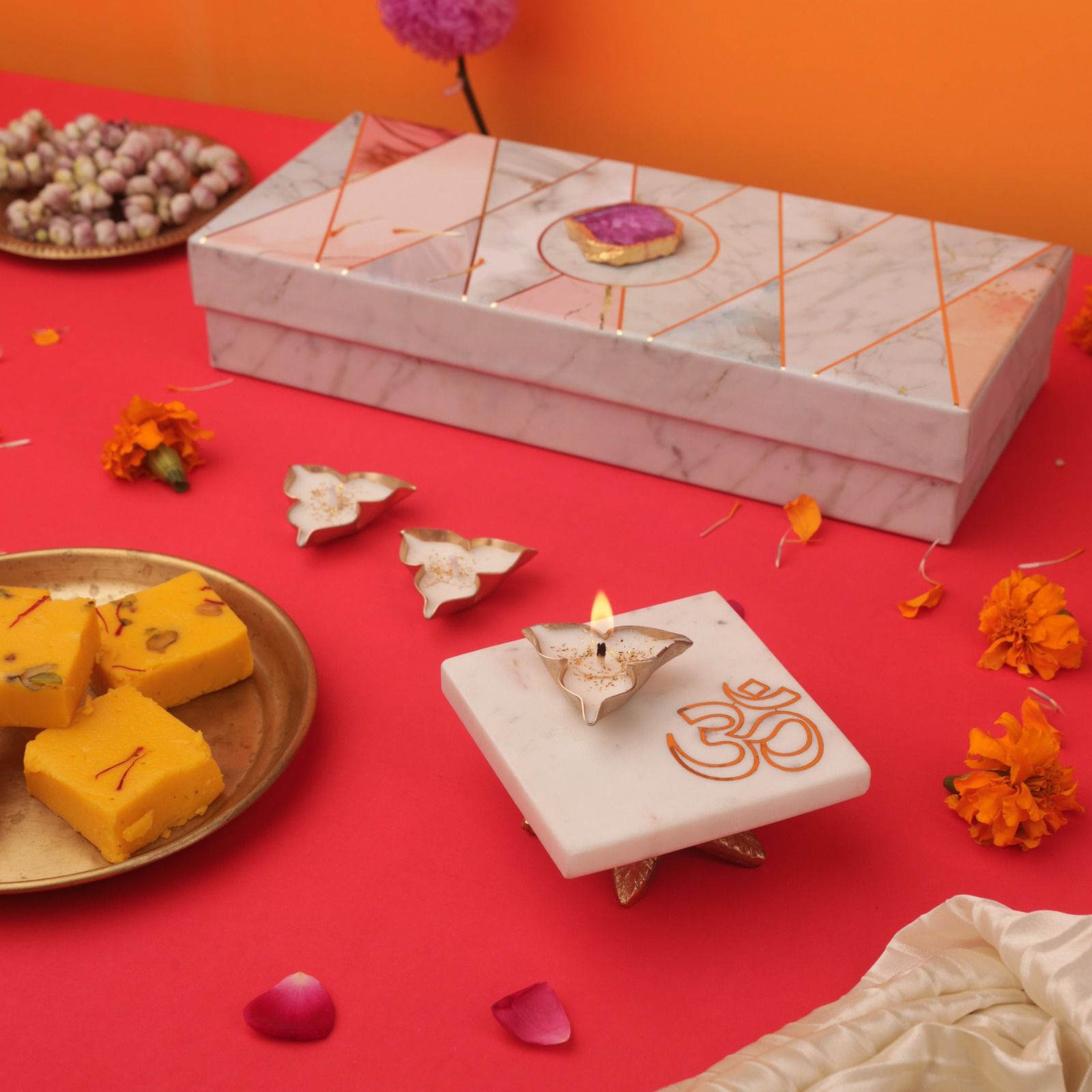 Pure Indian Marble Chowk with Metal Votive Candles