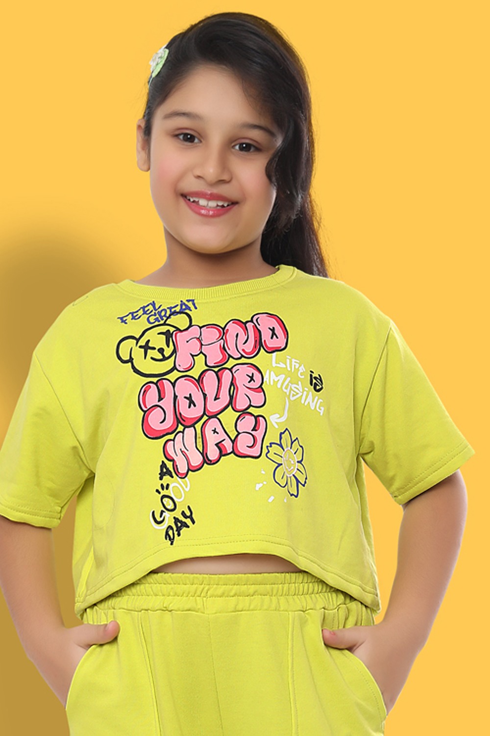 Ninos Dreams Girls Solid Cargo Style Joggers with Oversized Crop Top- Lemon Yellow