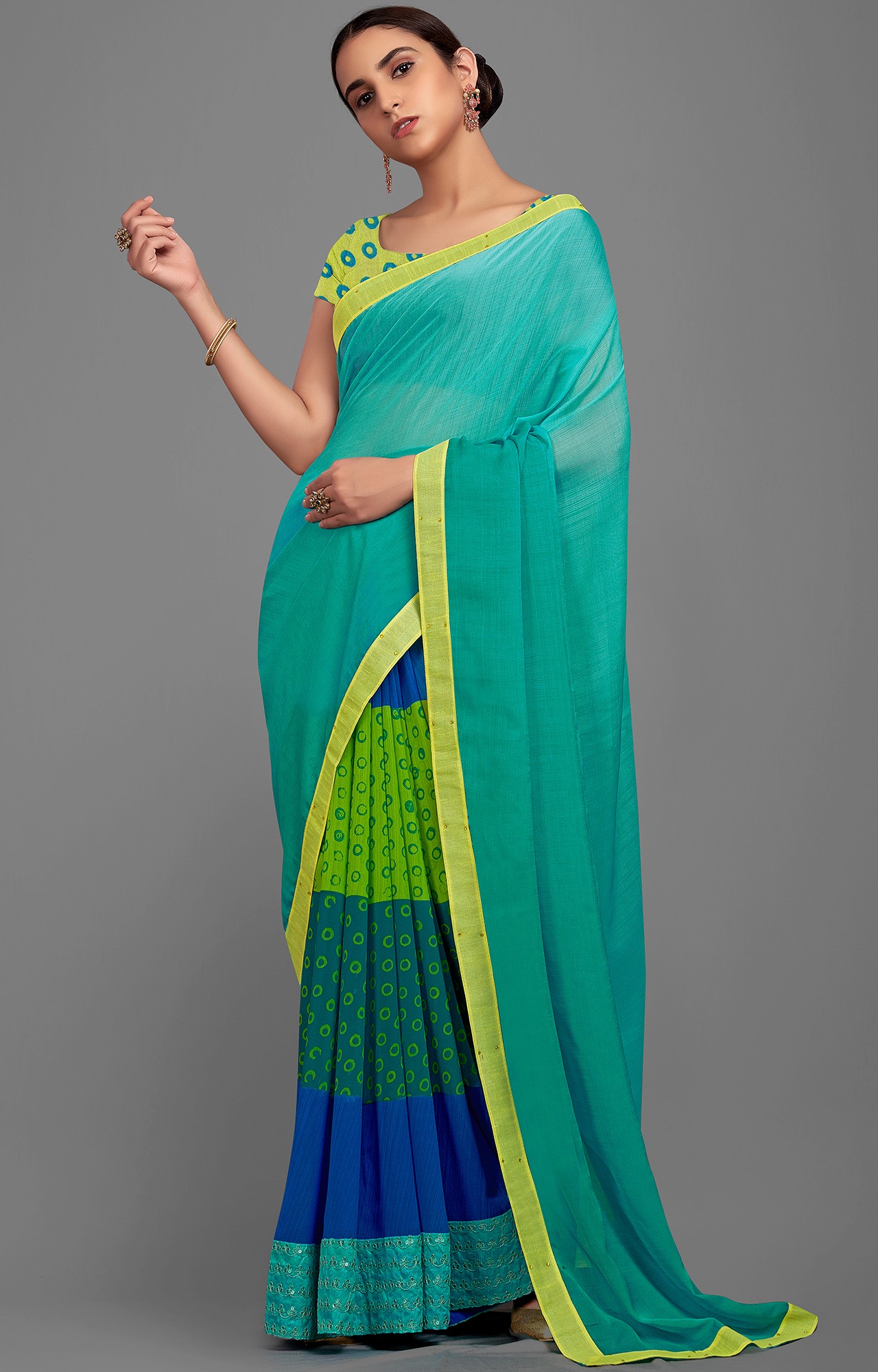 Women's Blue and Green Georgette Chiffon Blend Solid Printed Half N Half Saree-SHAMA6667SSSR004