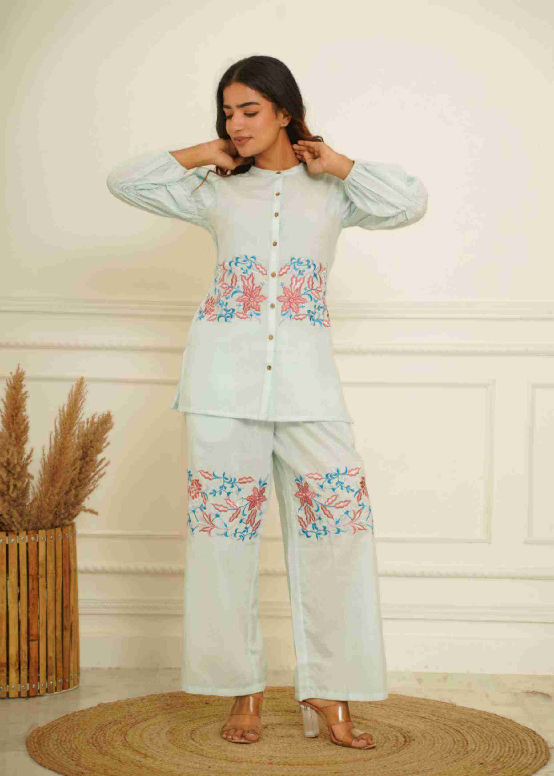 Cotton blended sky blue embrodiered co-ord set