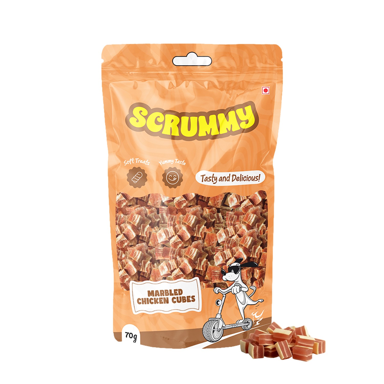 Scrummy | Scrummy Marbled Chicken Cubes Dog Treats 70g