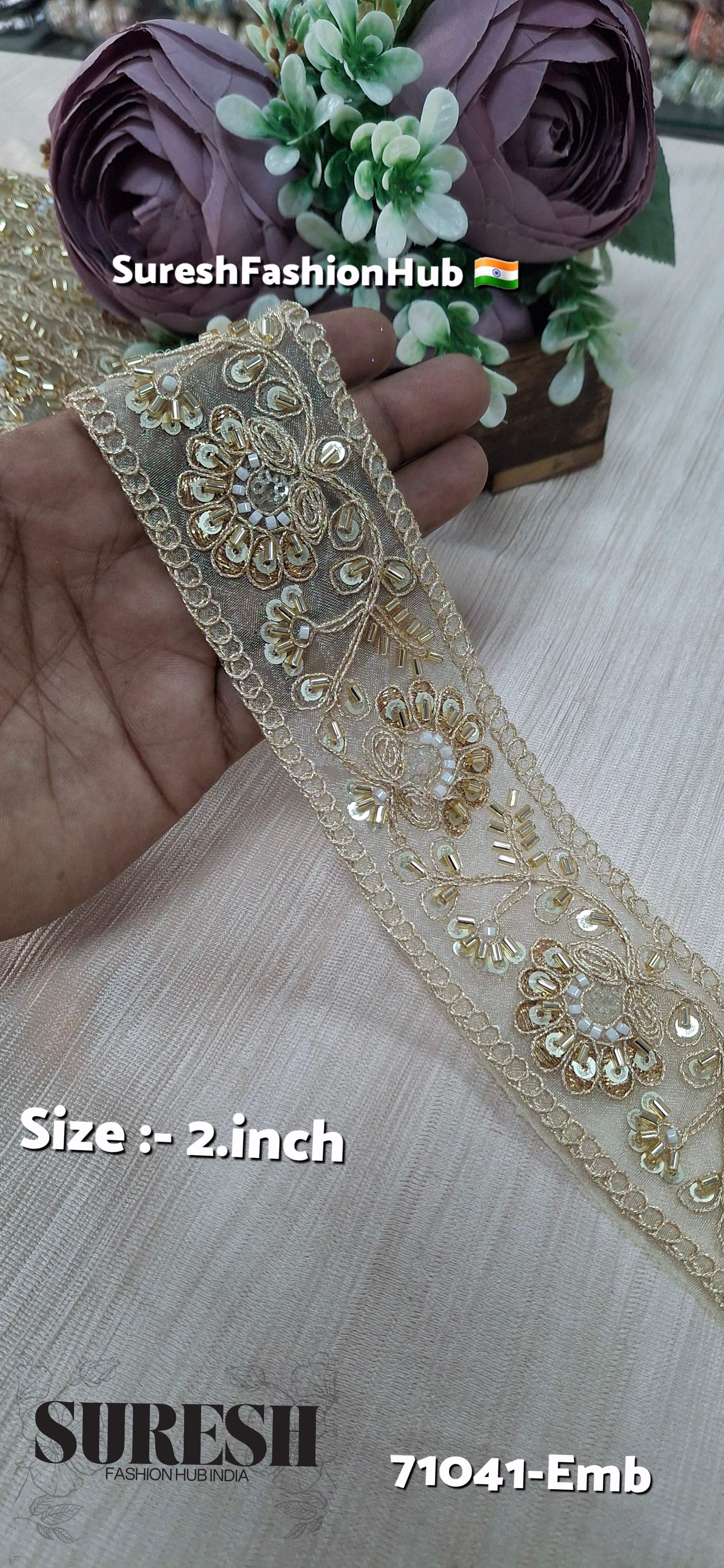 Organza Embroidered Border Pearl Gold