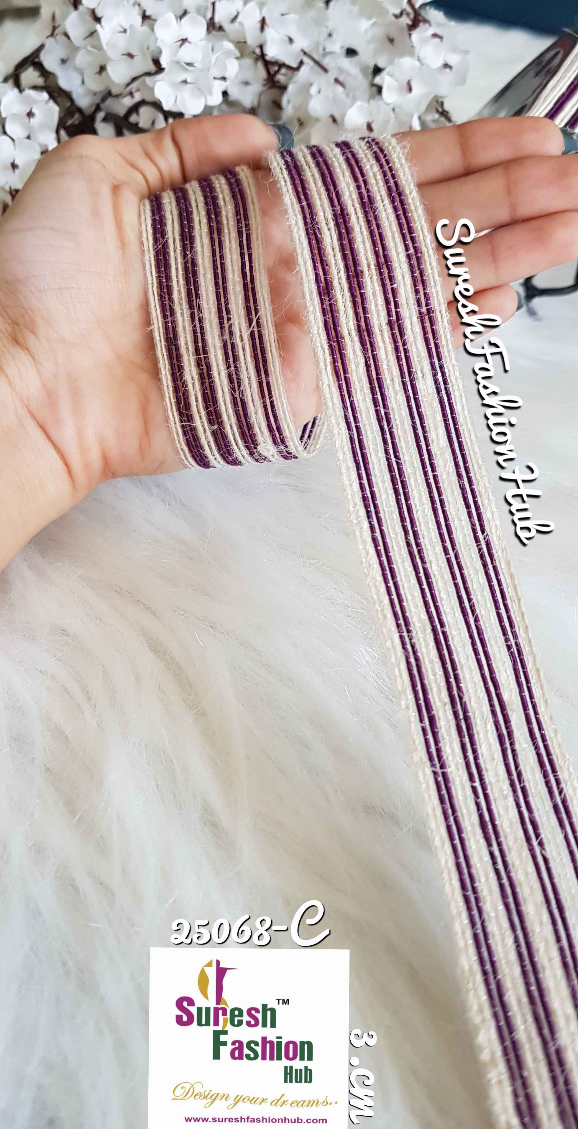 White & Dark Purple Striped Trim