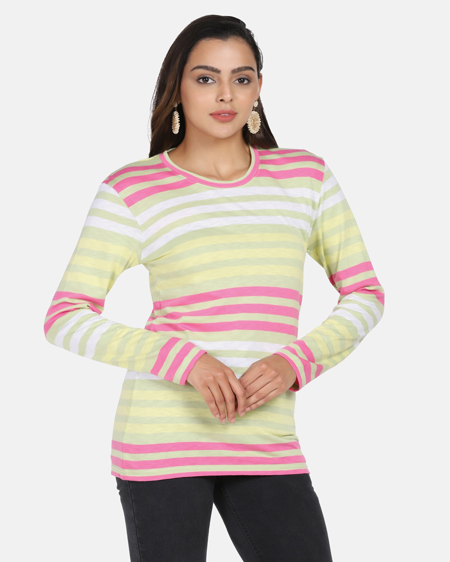 Full Sleeves Pink & Green Striped T Shirt