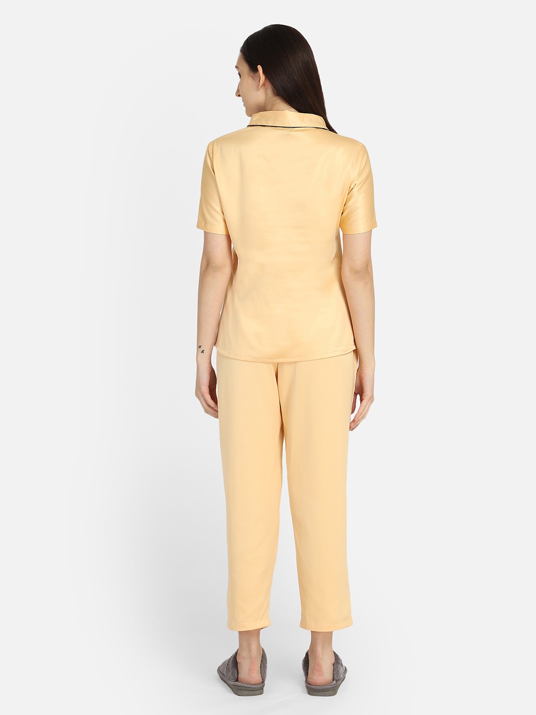 Smarty Pants women's silk satin golden color shawl collar night suit.