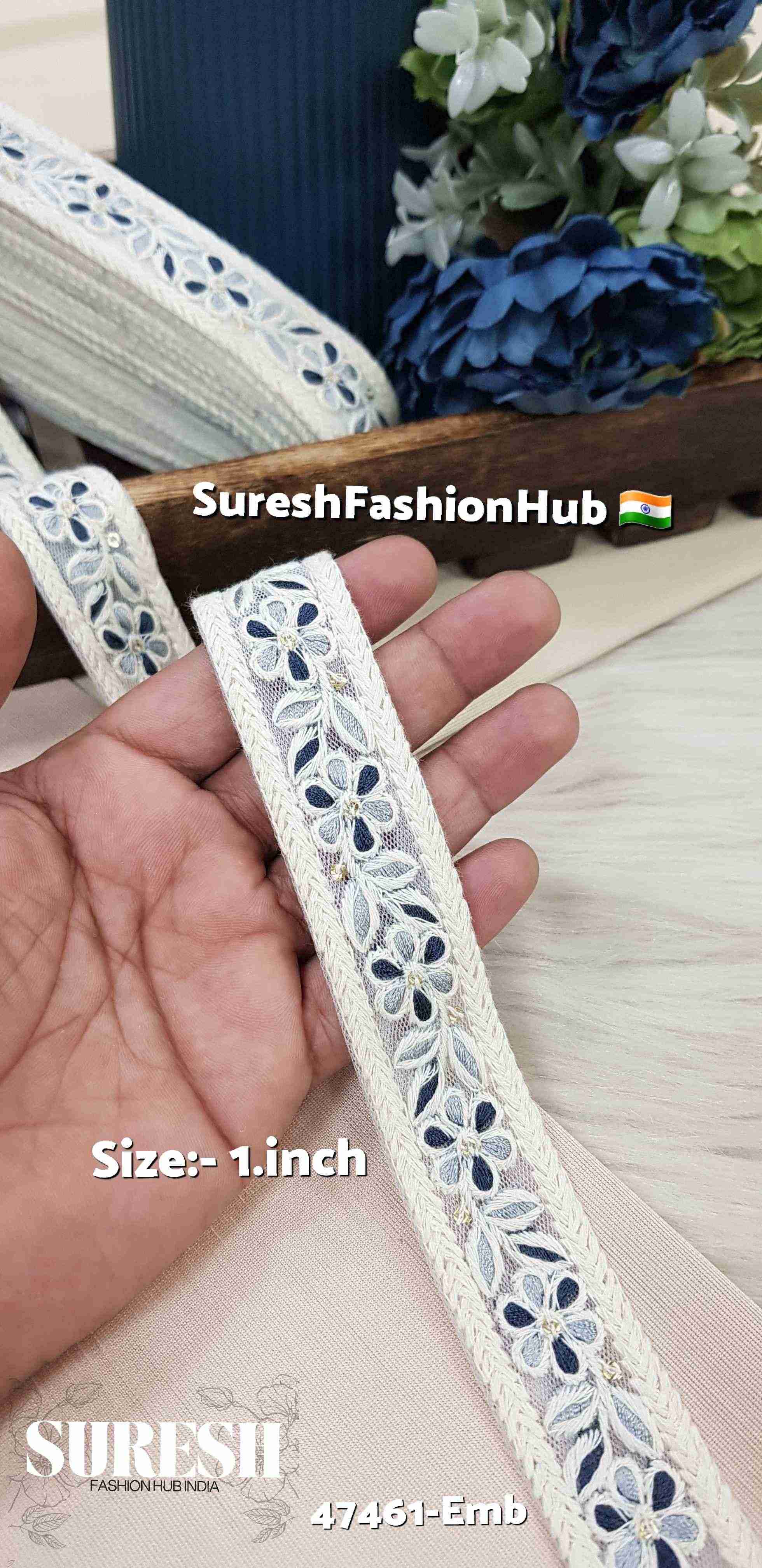 Navy Blue & Light Grey Floral Net Lace