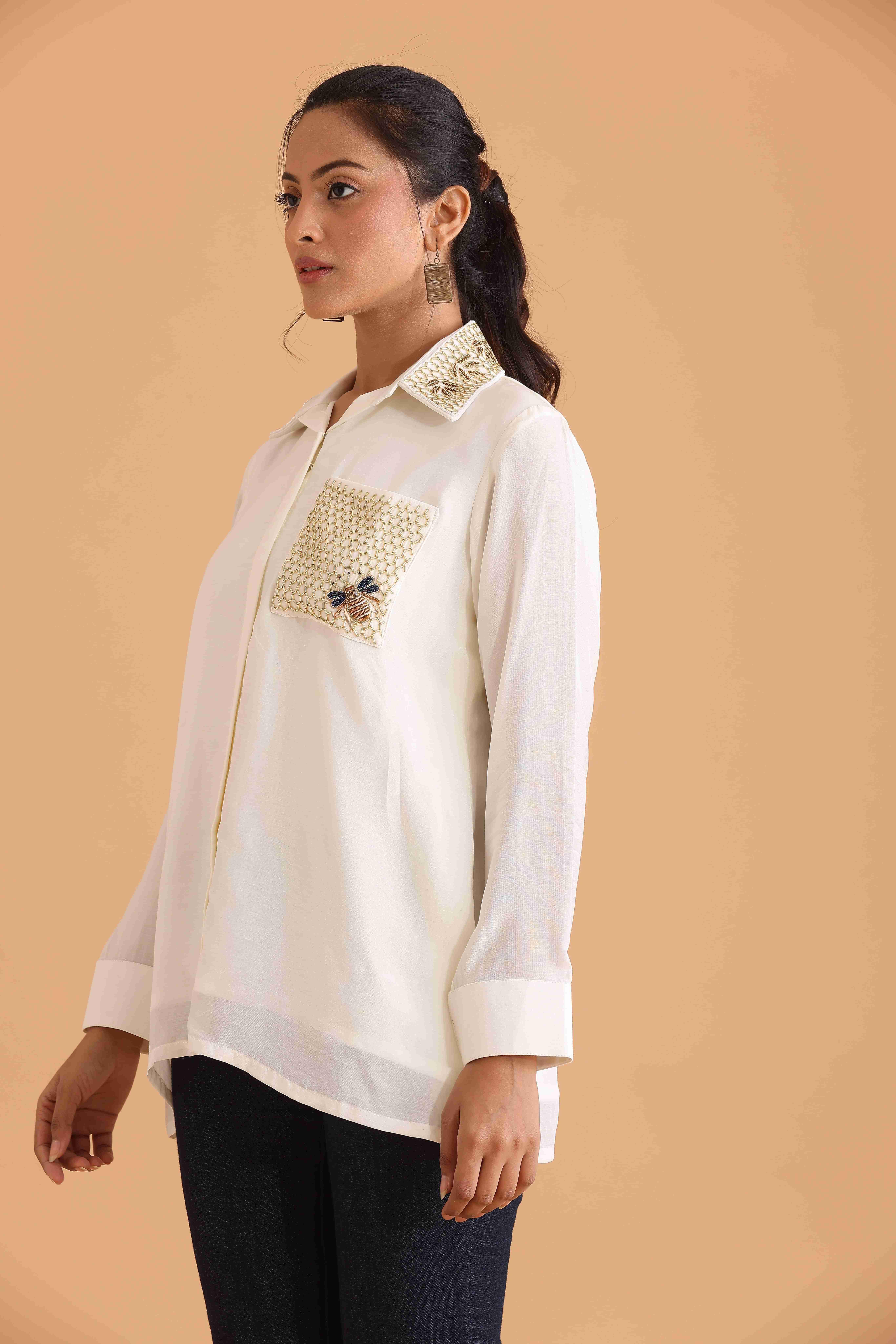 White Shirt with Bee and Pearl Embellishments