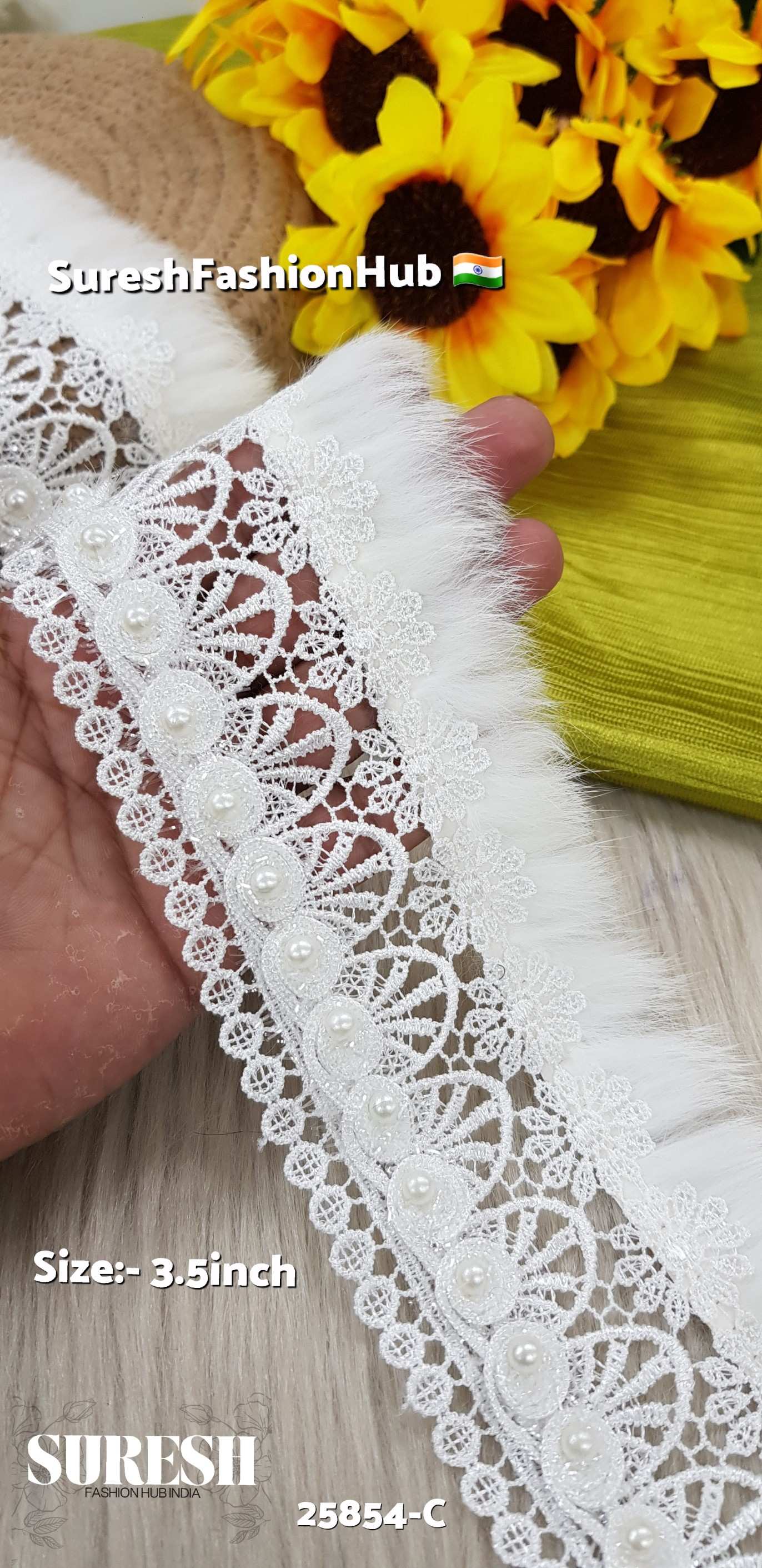 3D White Imported Fur & Pearl Layered Lace