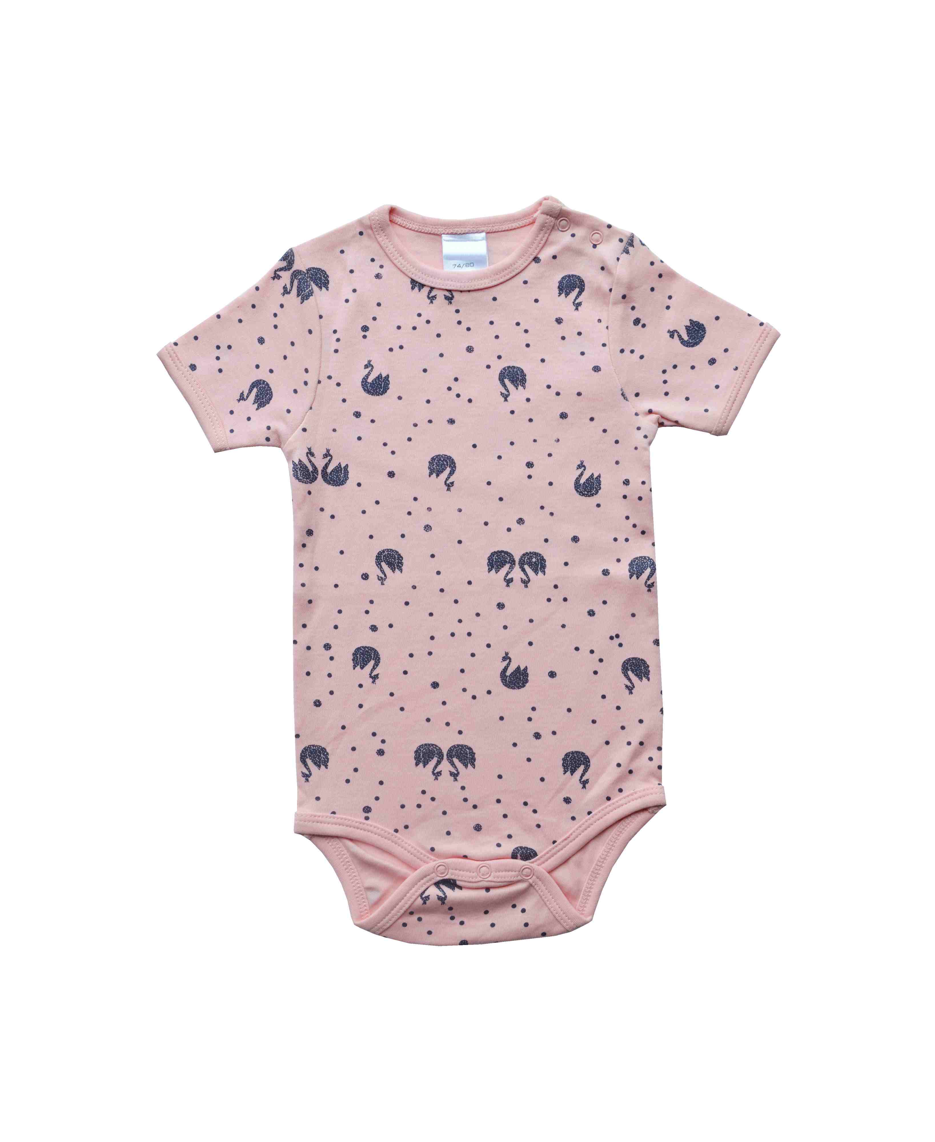 Allover Swan Print On Pink Body Button Opening On Shoulder (100% Cotton Interlock Biowash)