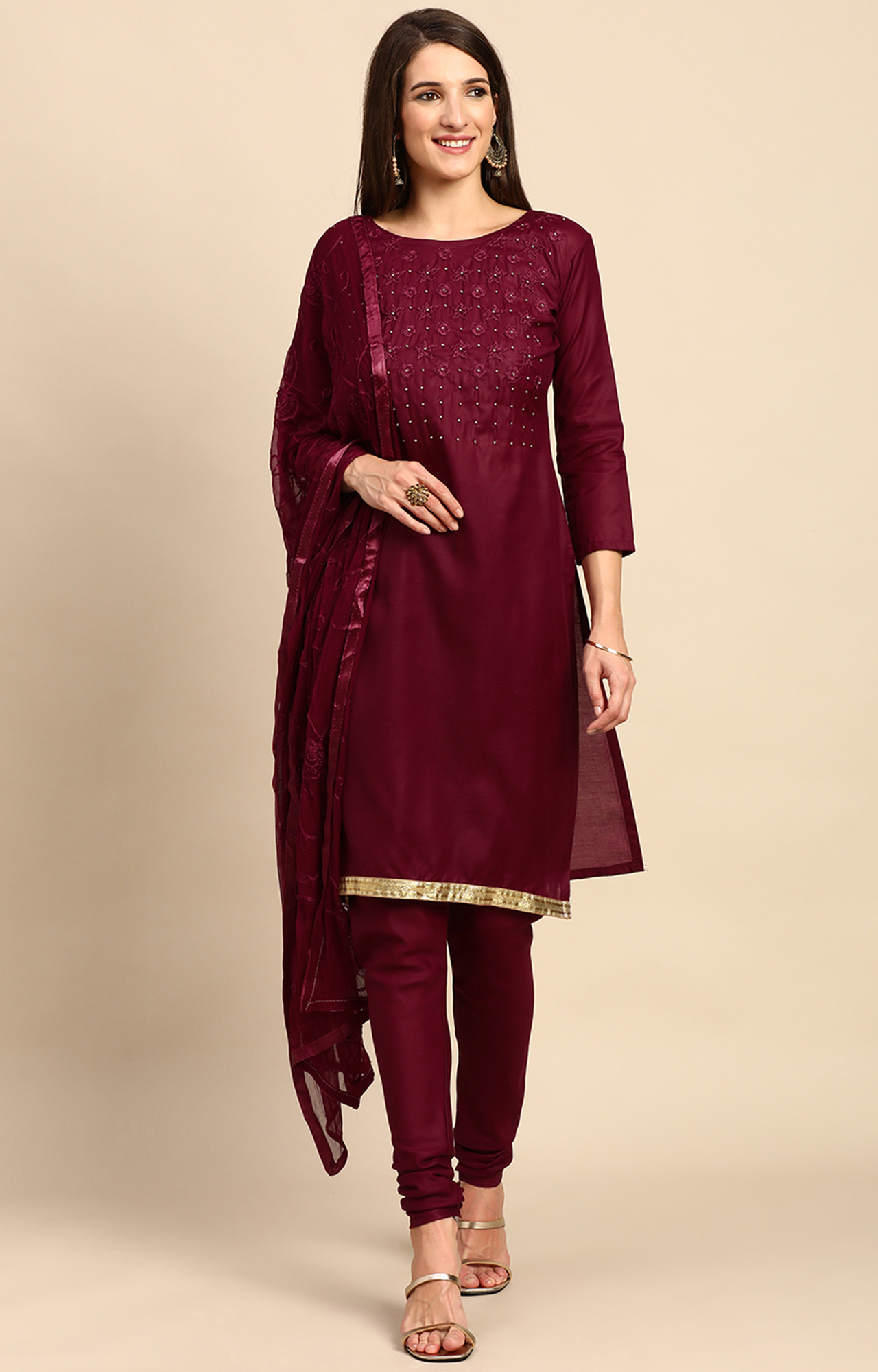 Shaily Women Maroon Color Cotton Embroidered With Pearl Unstitched Dress Material-VF_KRINA_MRON_DM