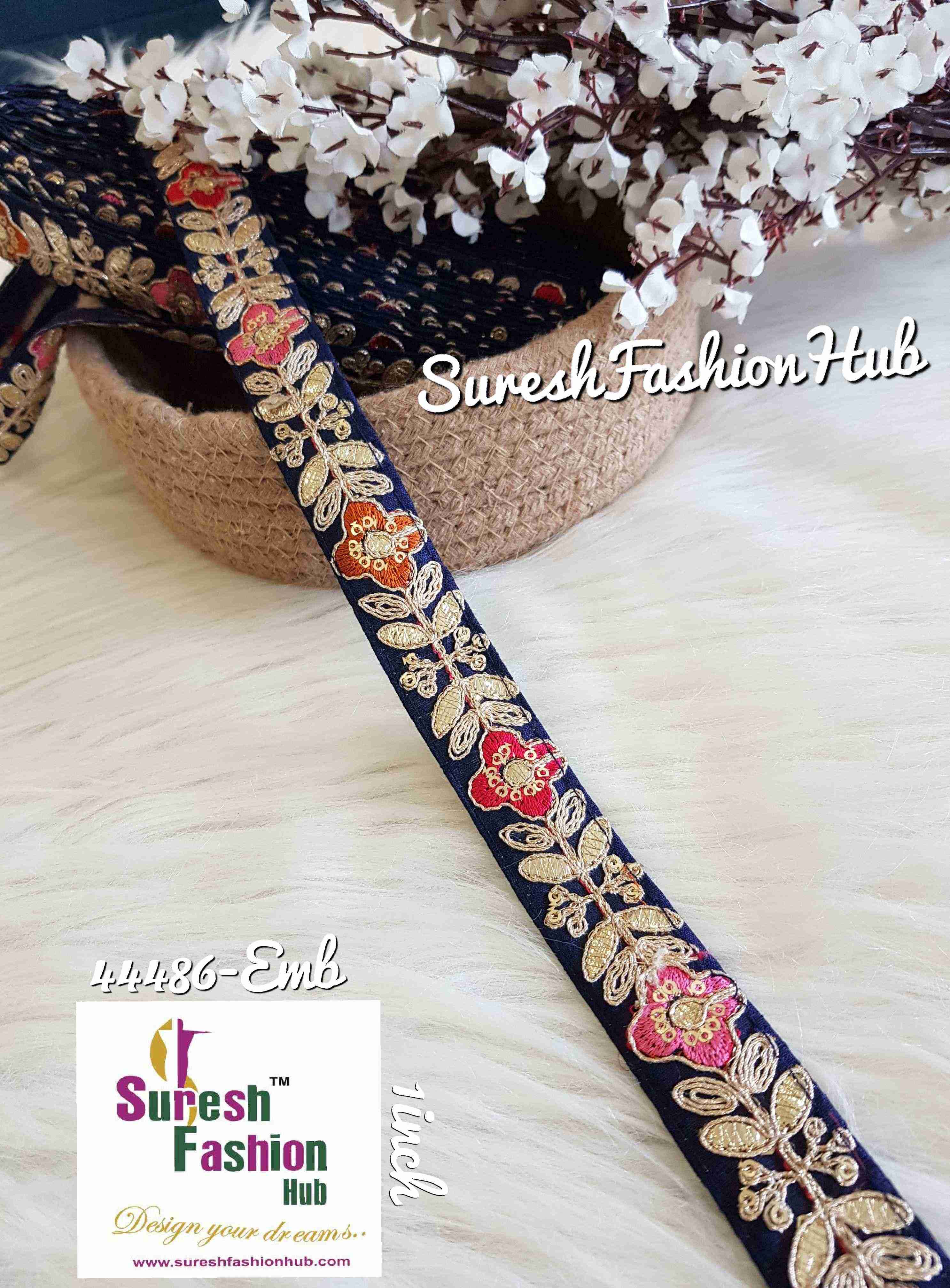 Navy Blue Leaves And Flowers Gota Patti Trim