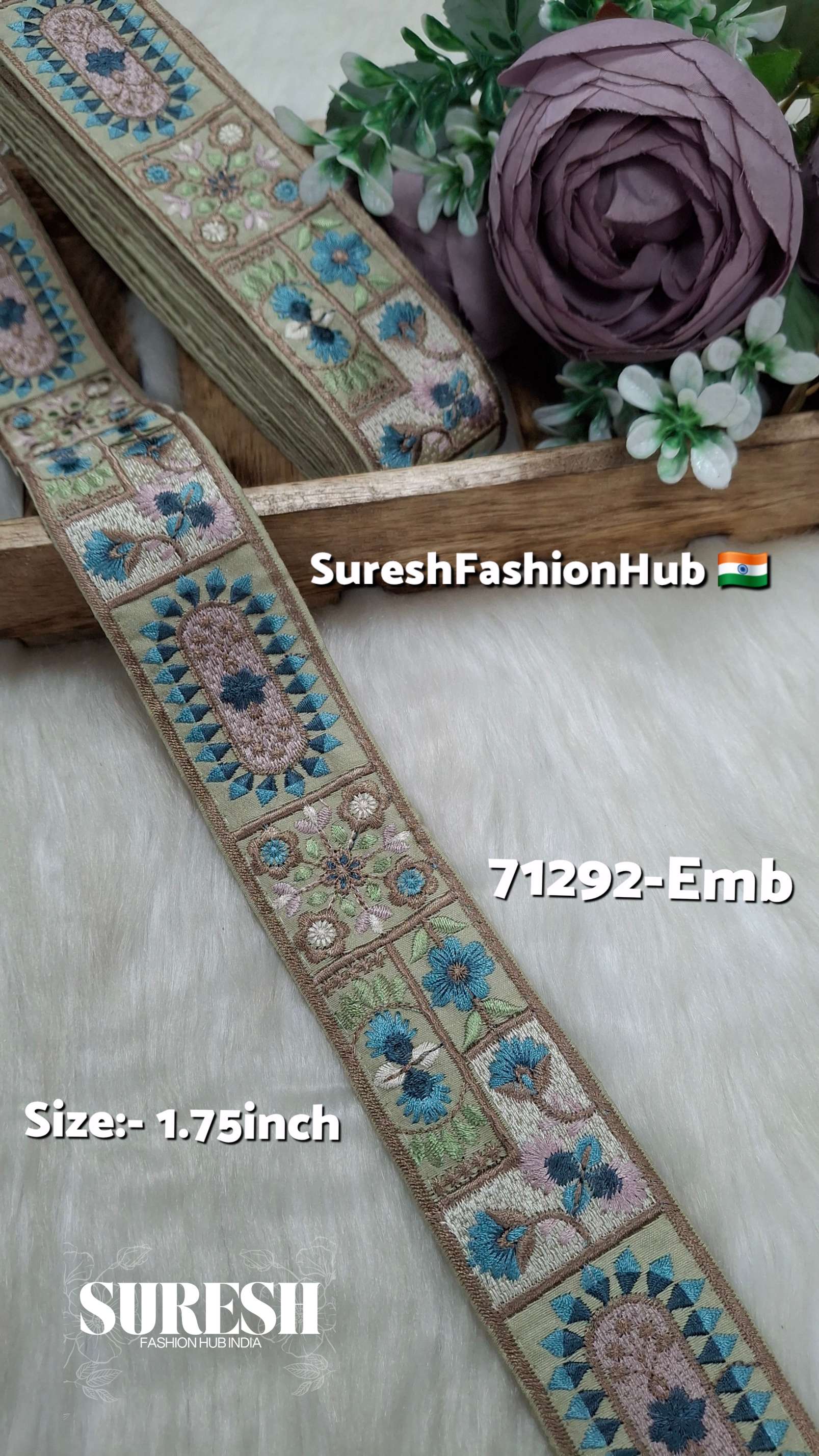 Olive Beige Patchwork Tile Embroidery Border – 71292-EM