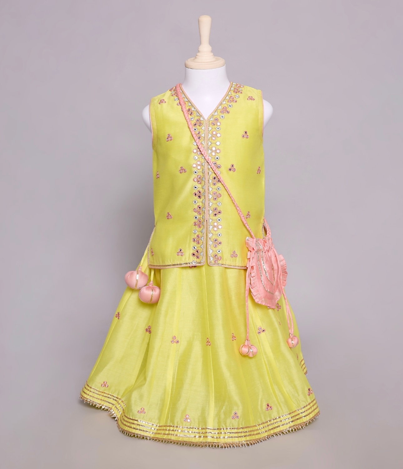 LIME GREEN TOP AND LEHENGA WITH MIRROR AND RESHAM WORK