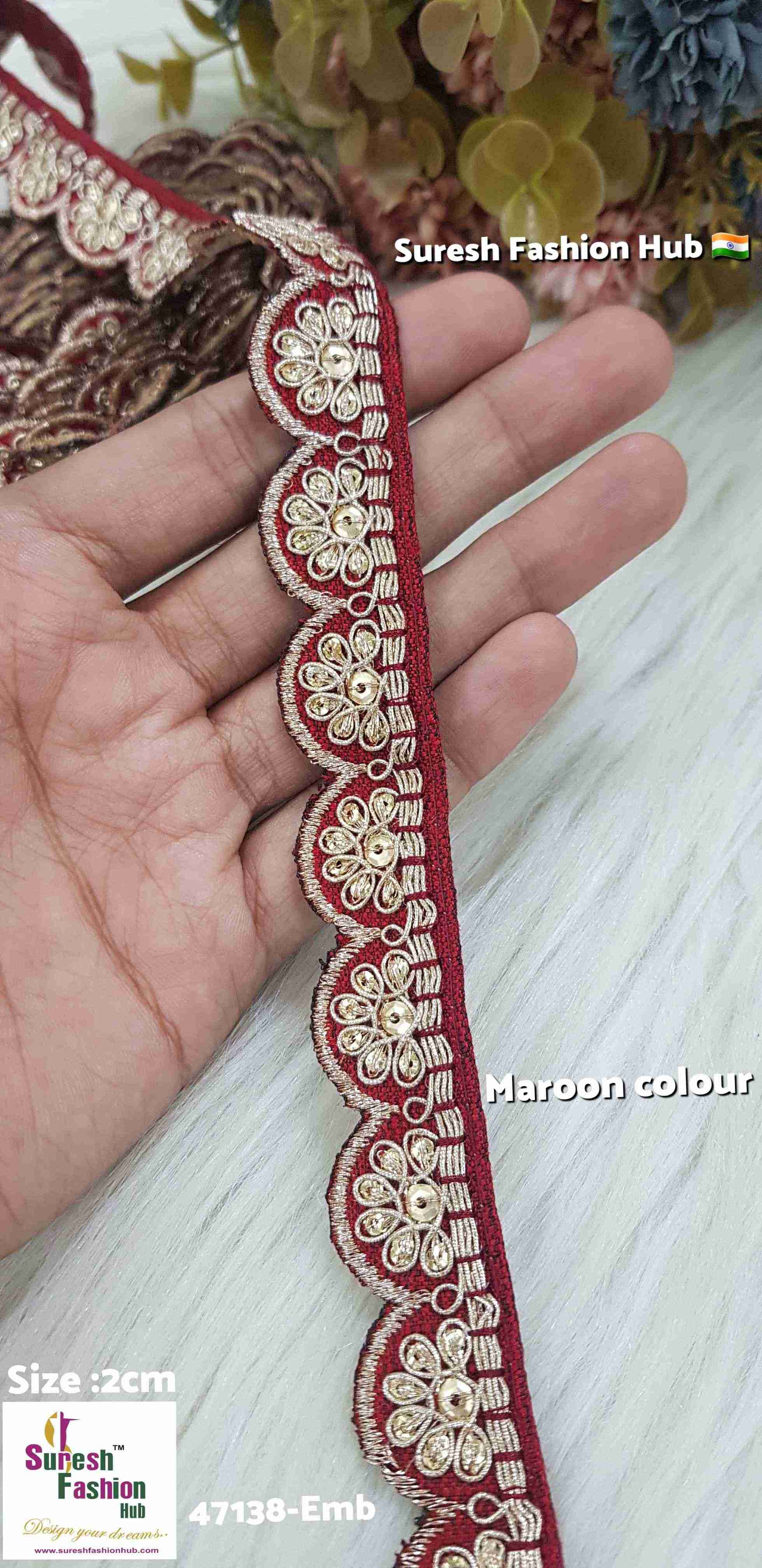 Exquisite Maroon Color Embroidered Raw Silk Lace Trim
