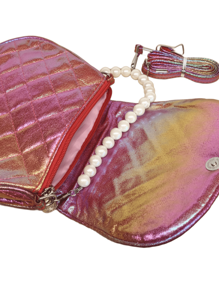 Bengal Classic Co Girls' Holographic Quilted Sleep-Eye Sling Bag with Pearl Handle