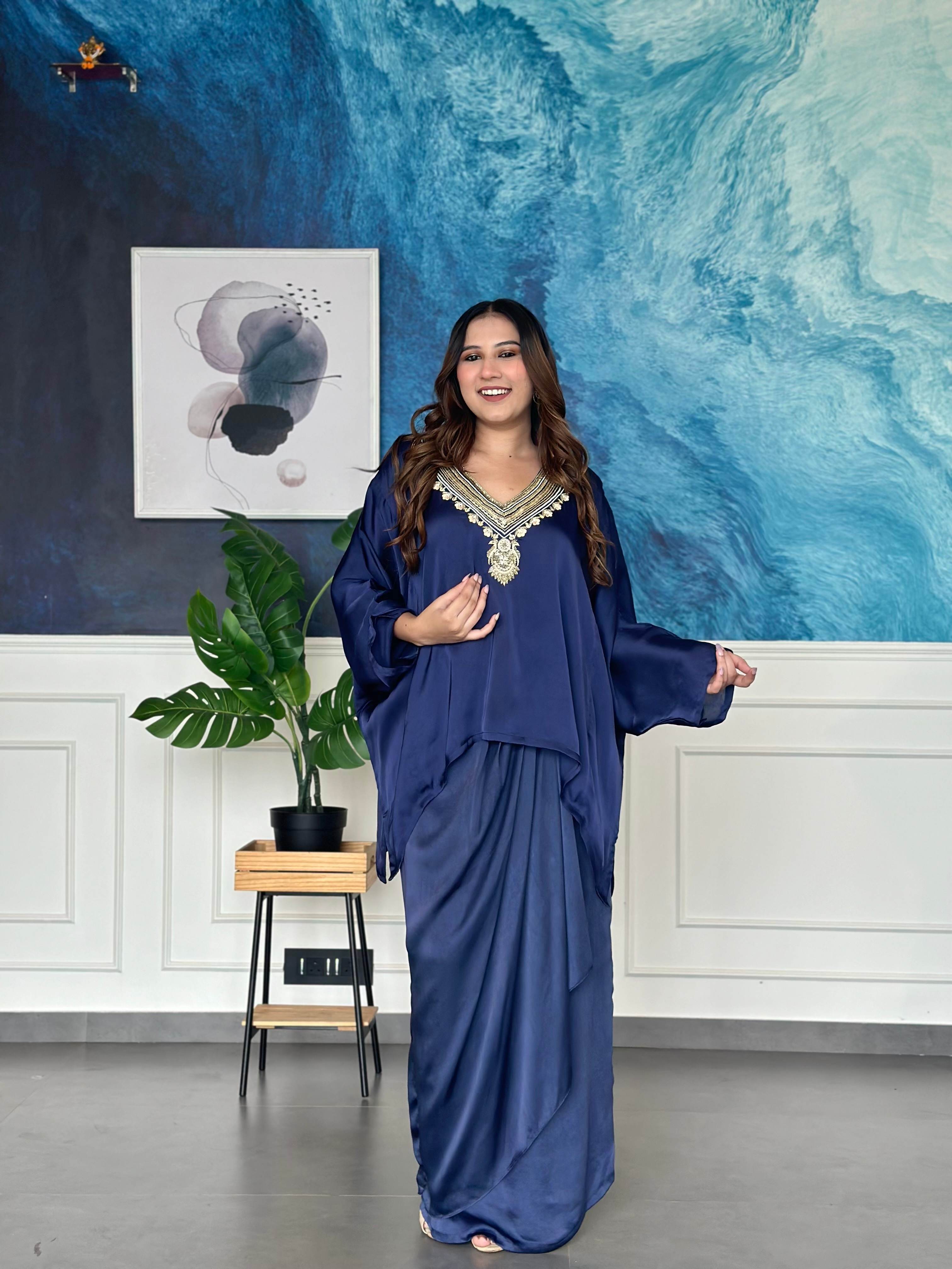 Navy Blue Embroidered Kaftan Set