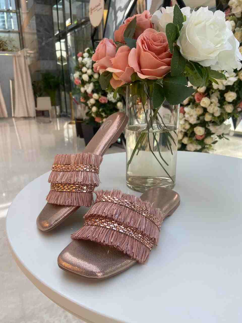 Rose Gold Frills Sliders Flat Sandal