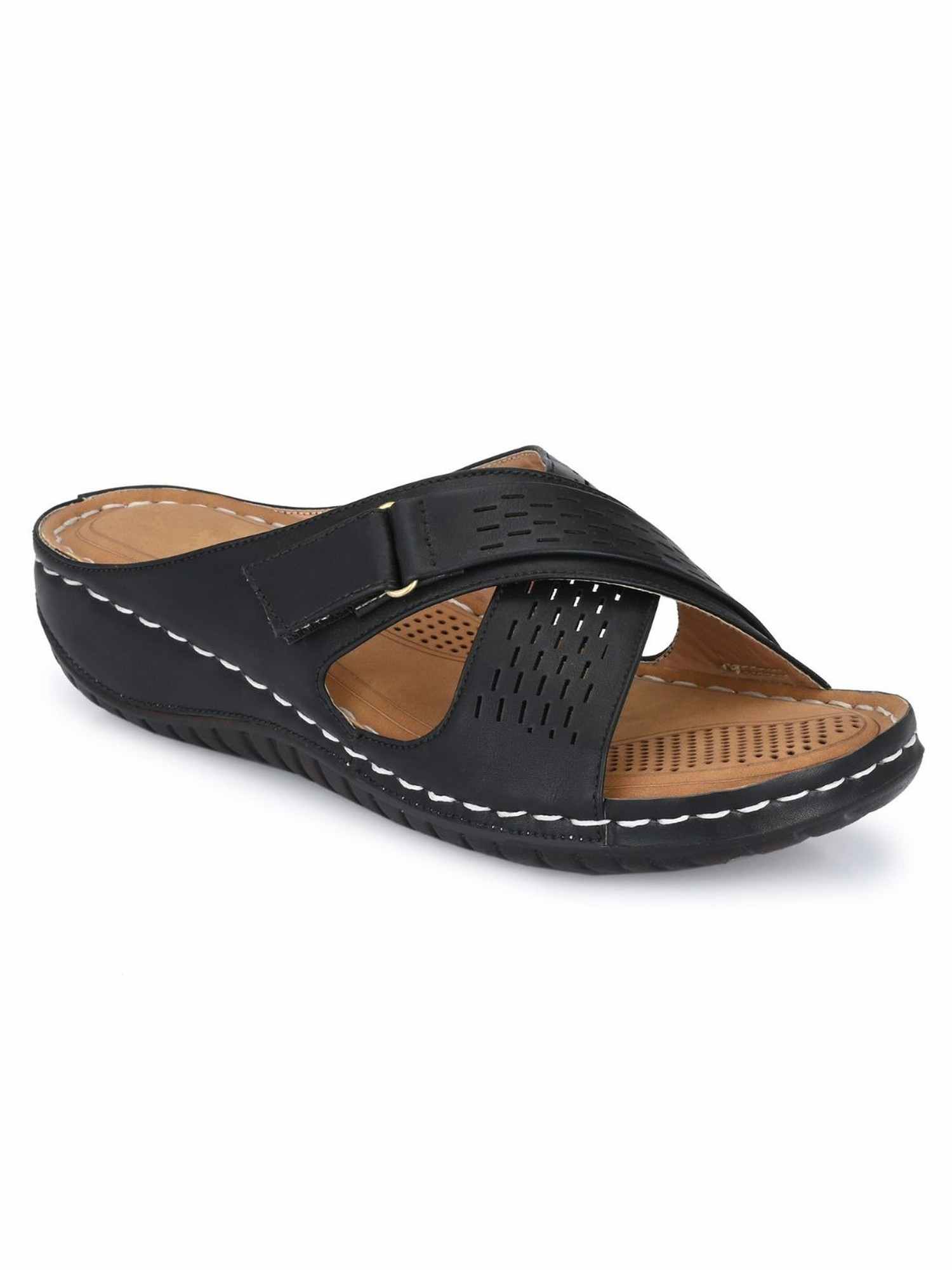 Aady Austin Women's Black Synthetic Lasercut Orthopedic Slippers