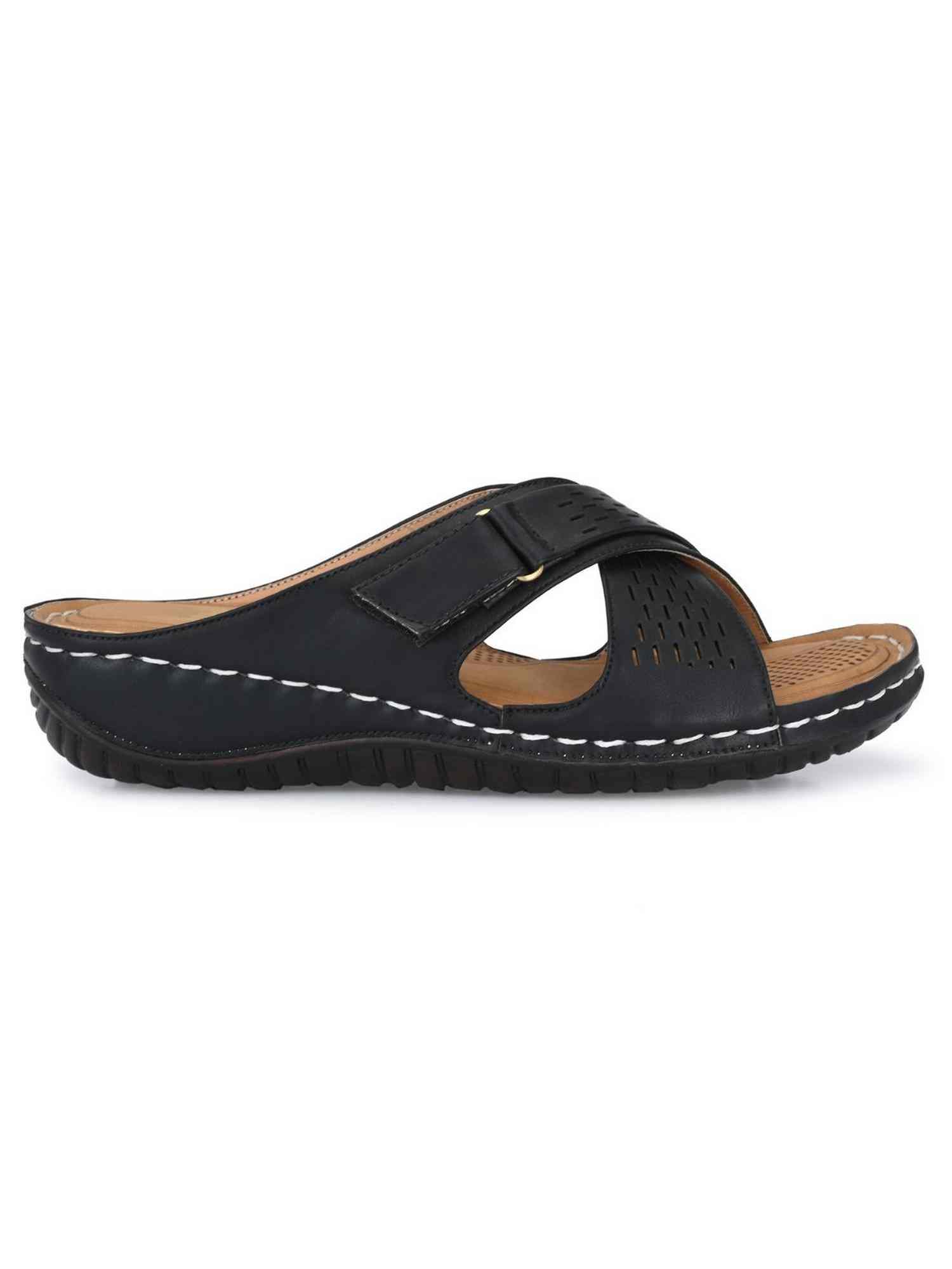 Aady Austin Women's Black Synthetic Lasercut Orthopedic Slippers