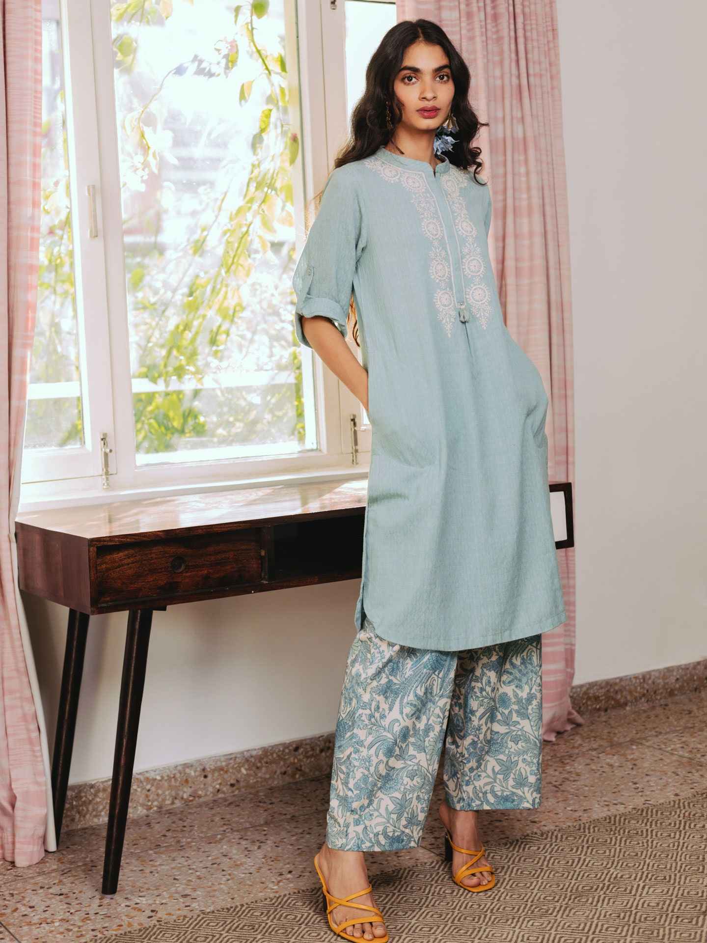 Ice Blue Embroidered Kurta With Printed Trouser