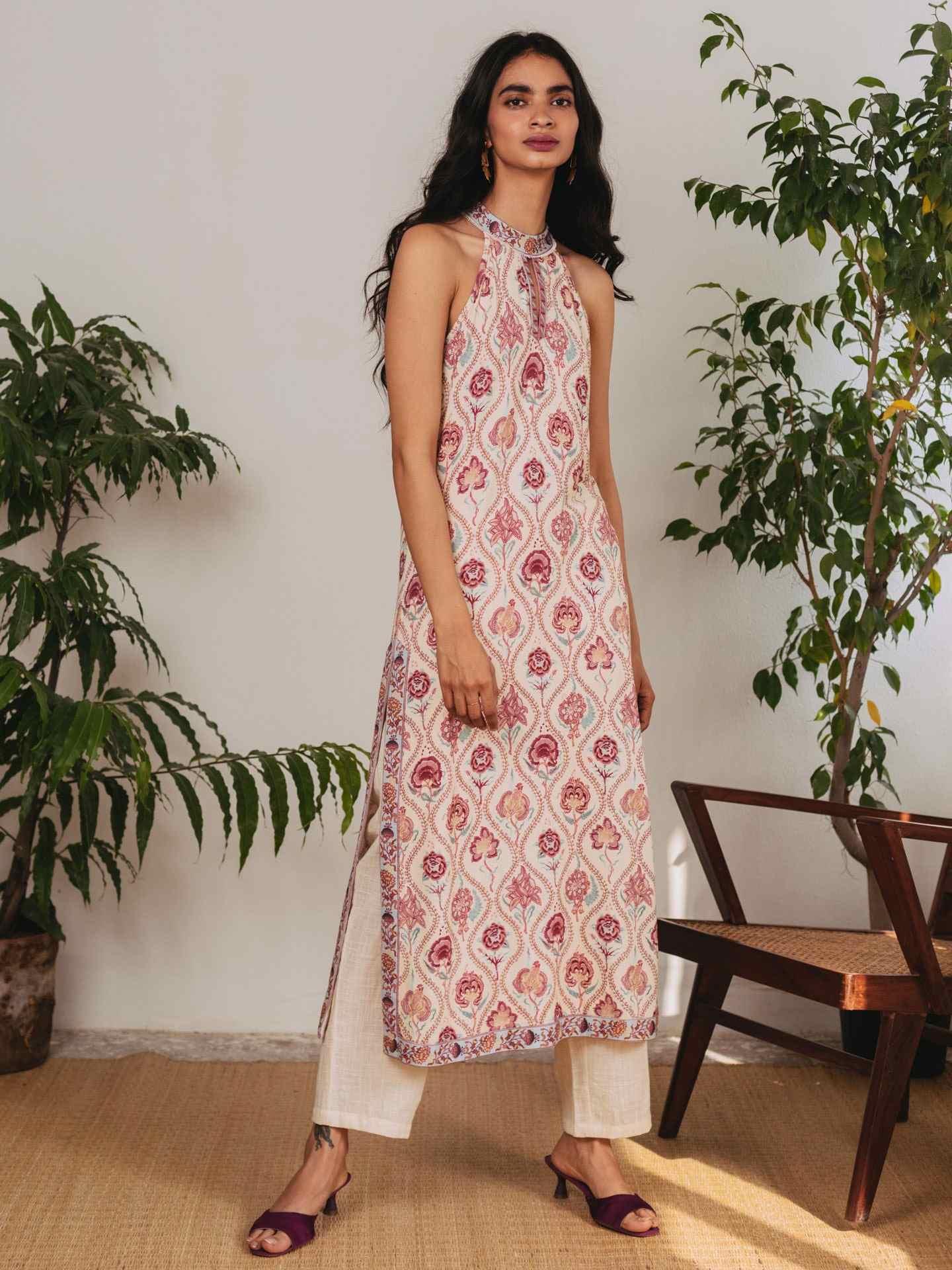 Off White Floral Print Suit Set