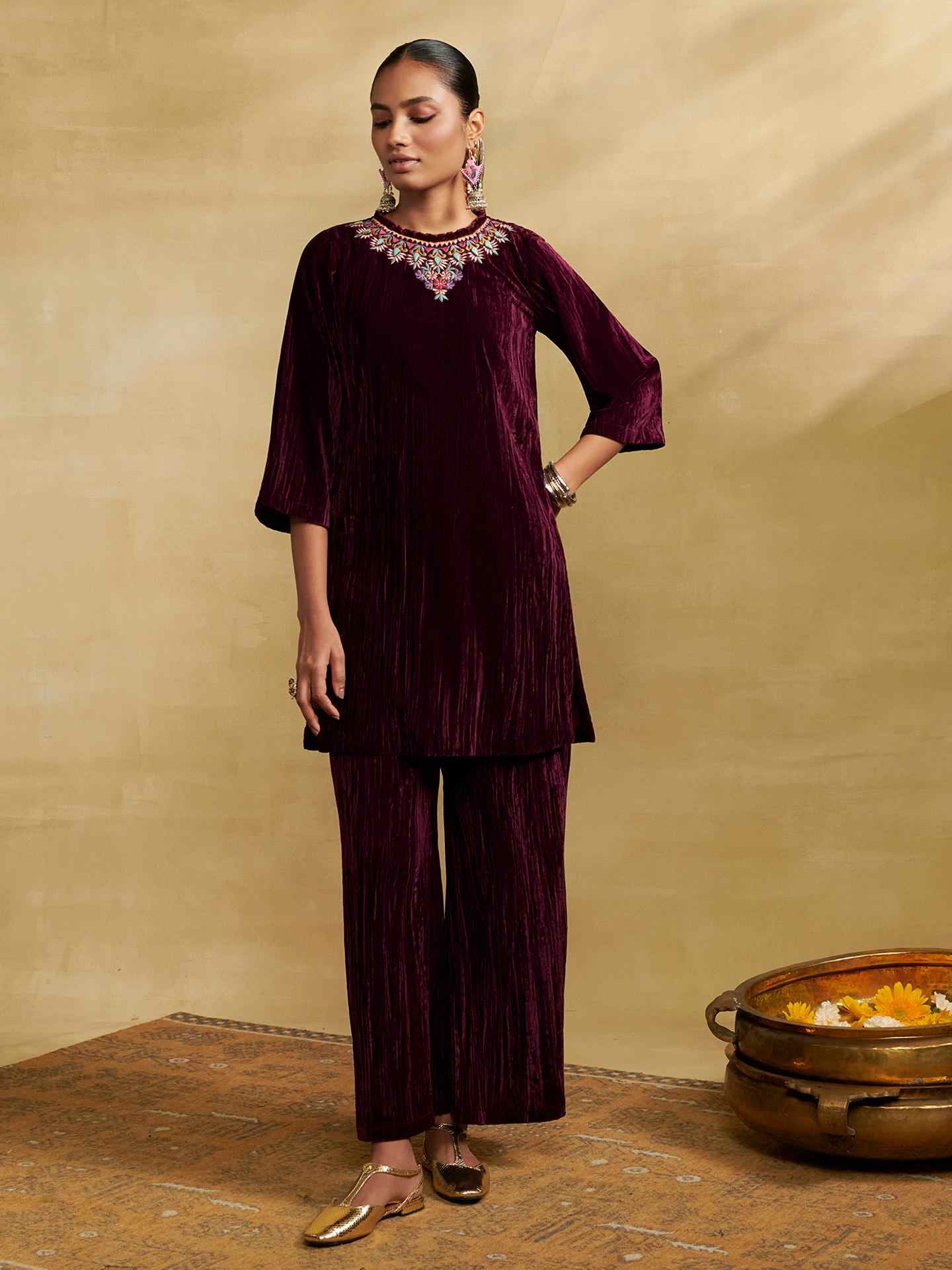 Wine Nora Solid Festive Kurta Set