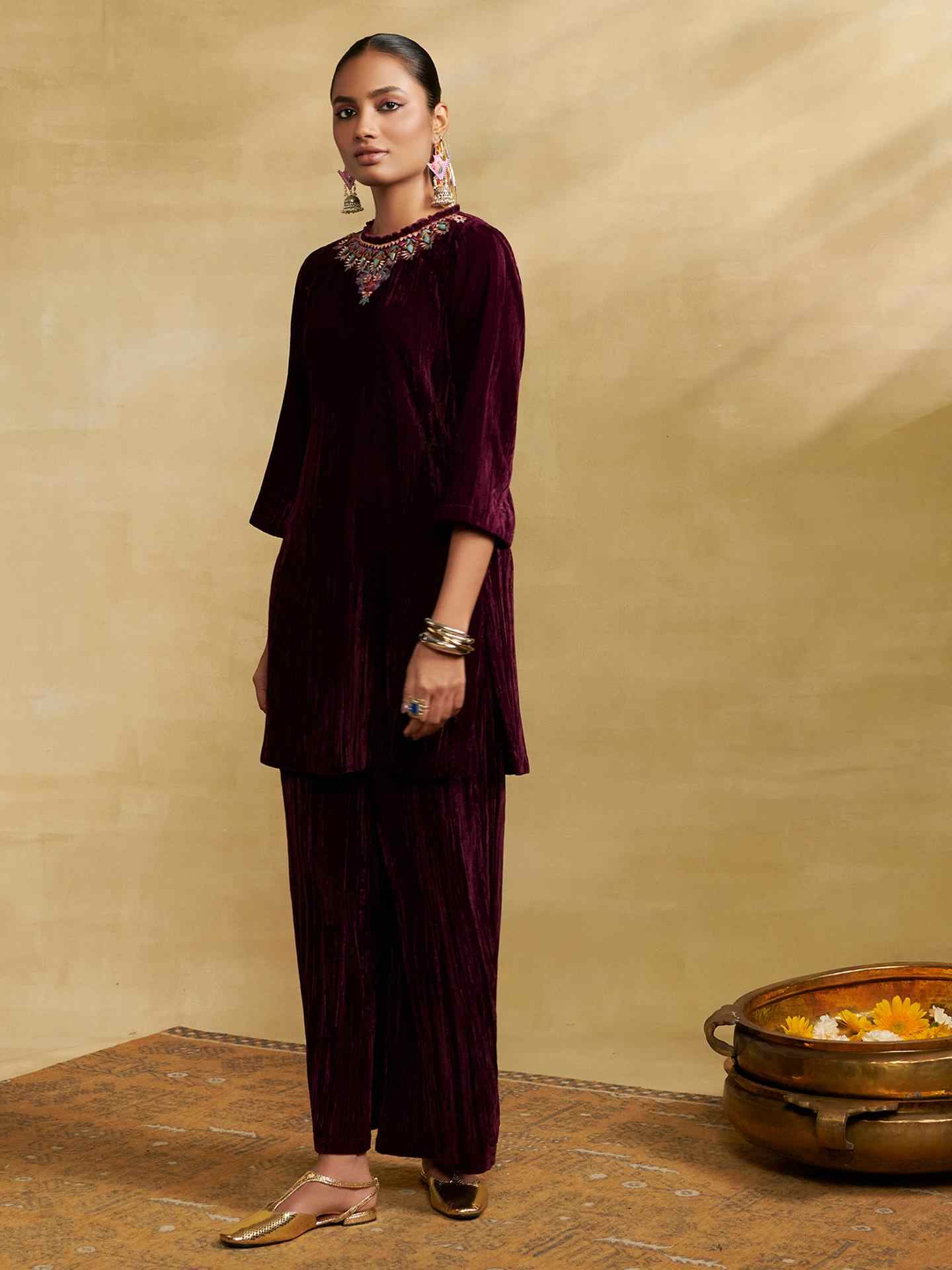 Wine Nora Solid Festive Kurta Set