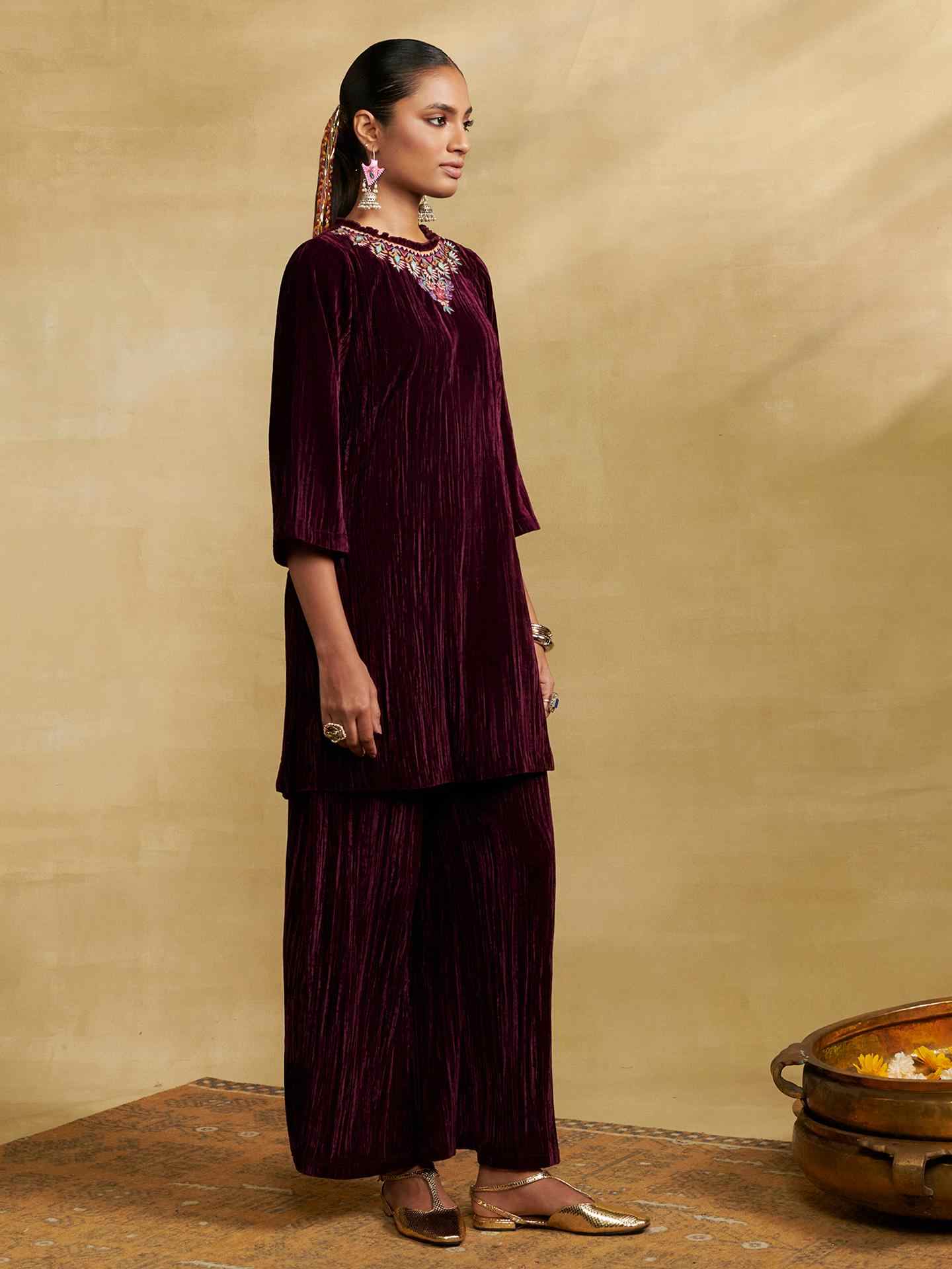 Wine Nora Solid Festive Kurta Set