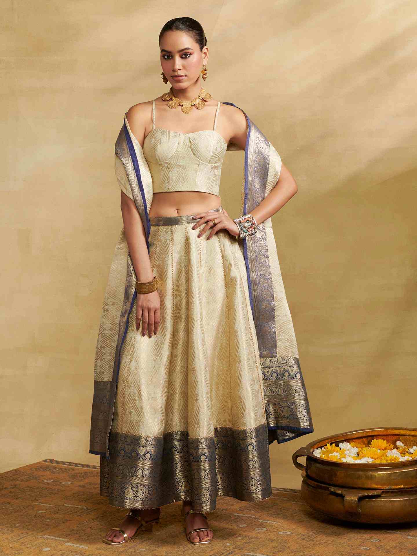Beige Brocade Lehenga