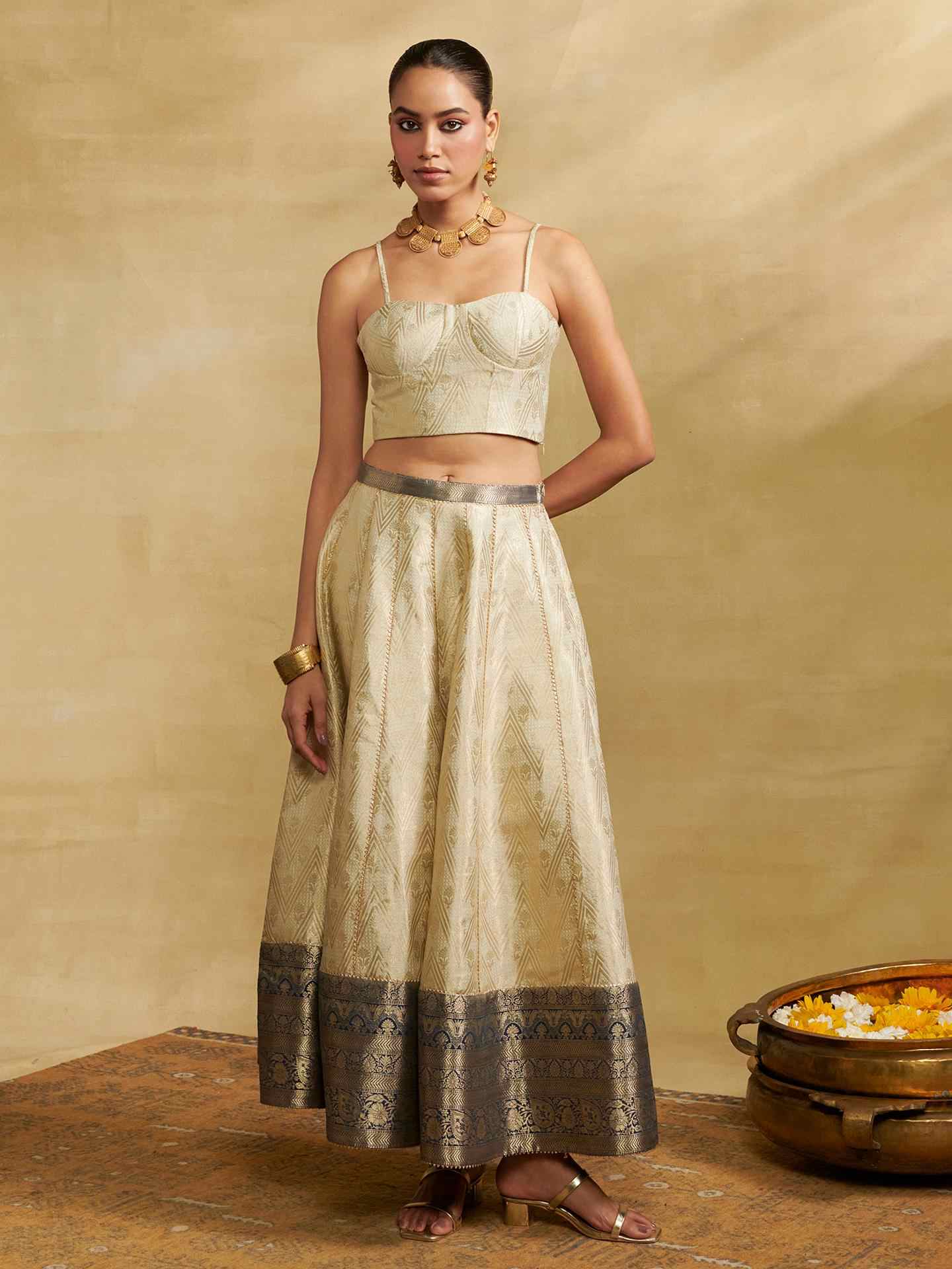 Beige Brocade Lehenga