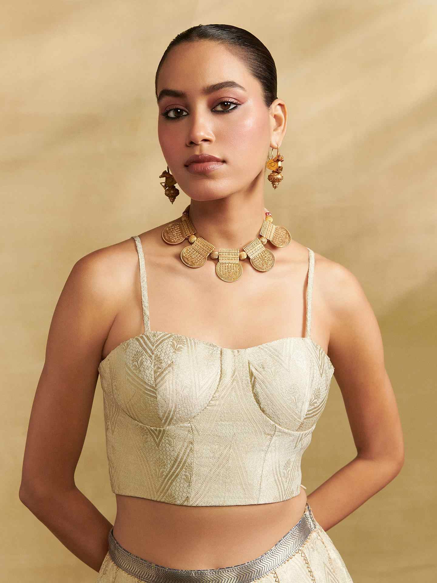 Beige Brocade Lehenga