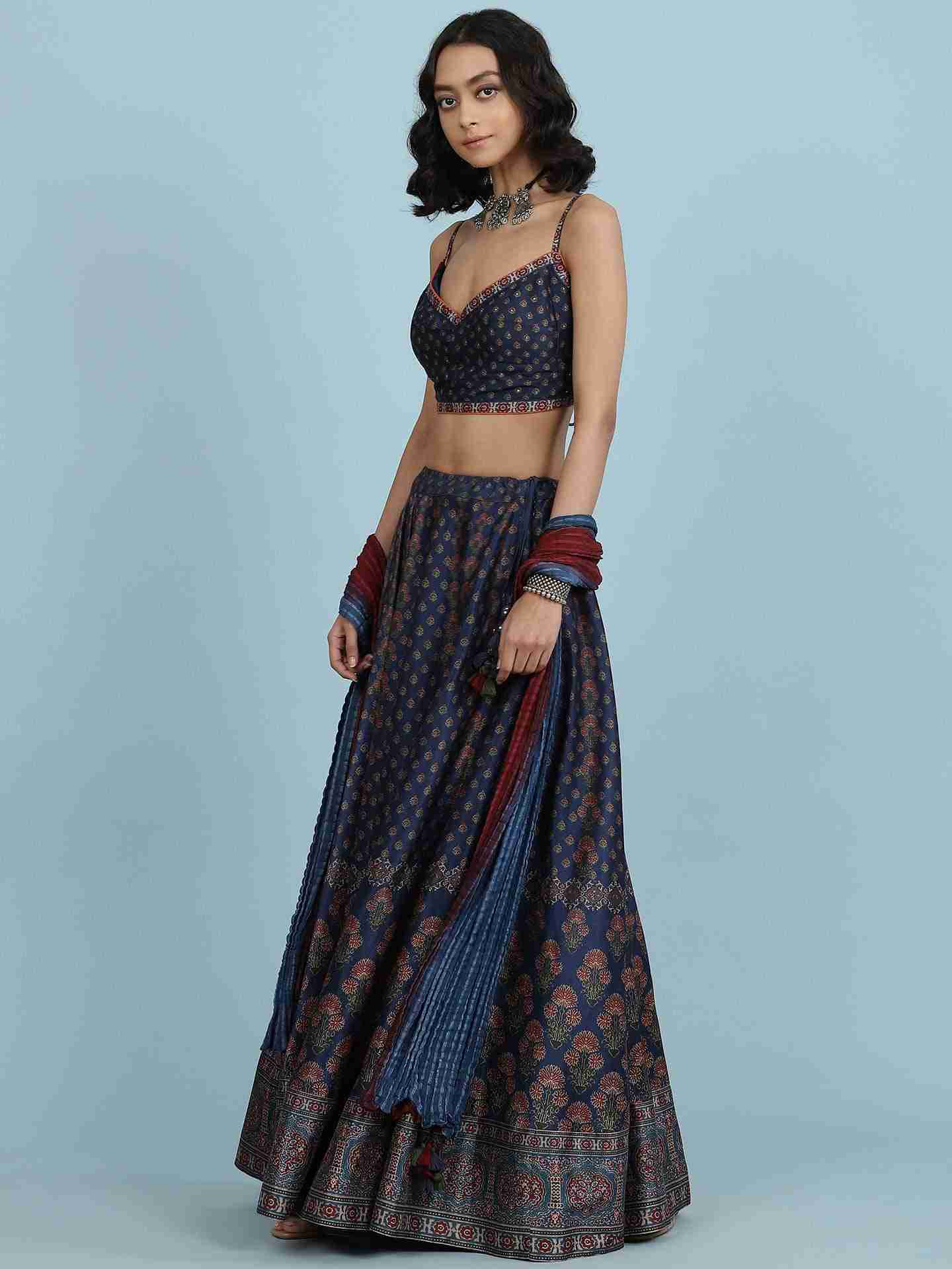 Blue Ajarak Lehenga Set