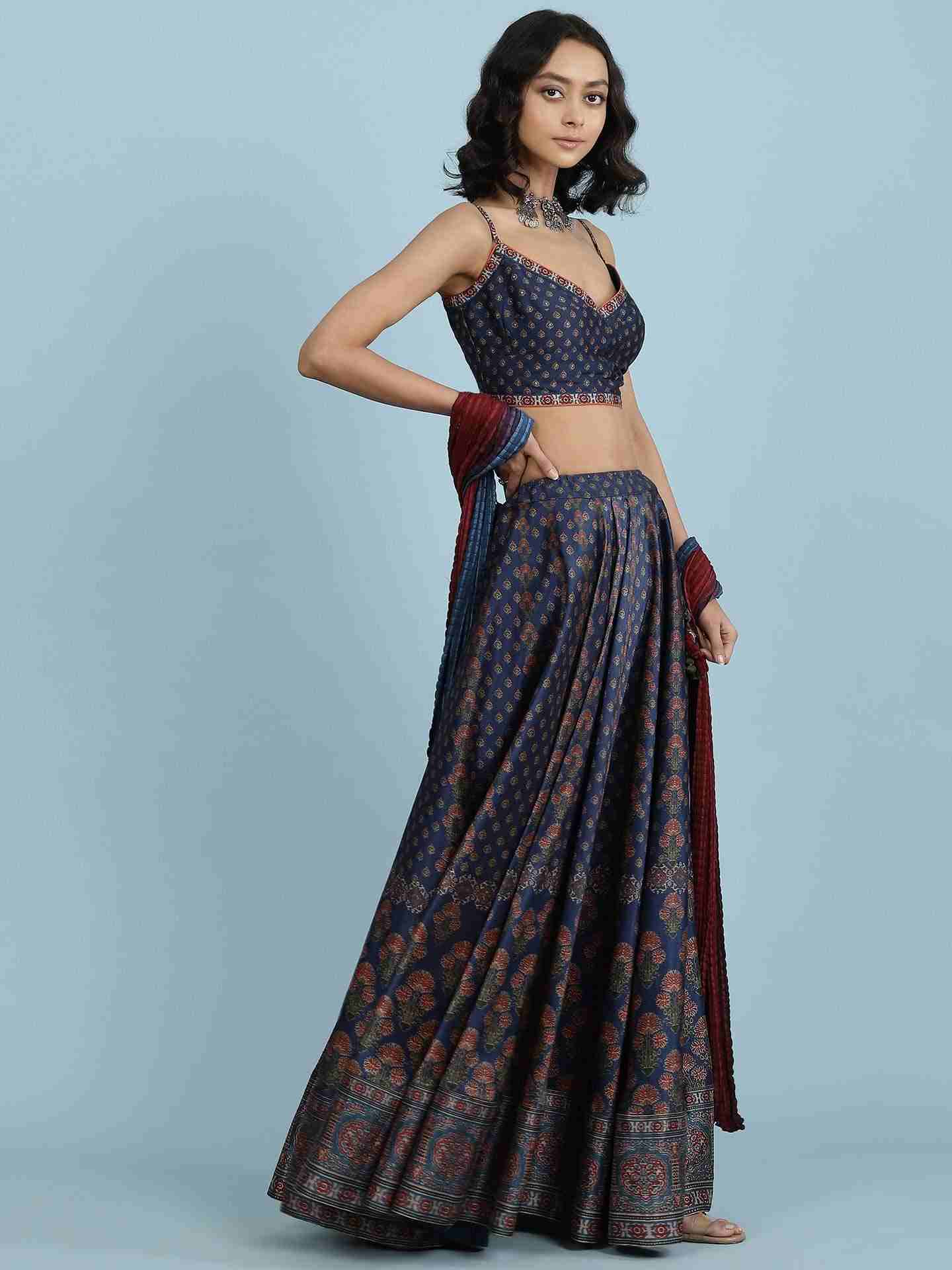 Blue Ajarak Lehenga Set