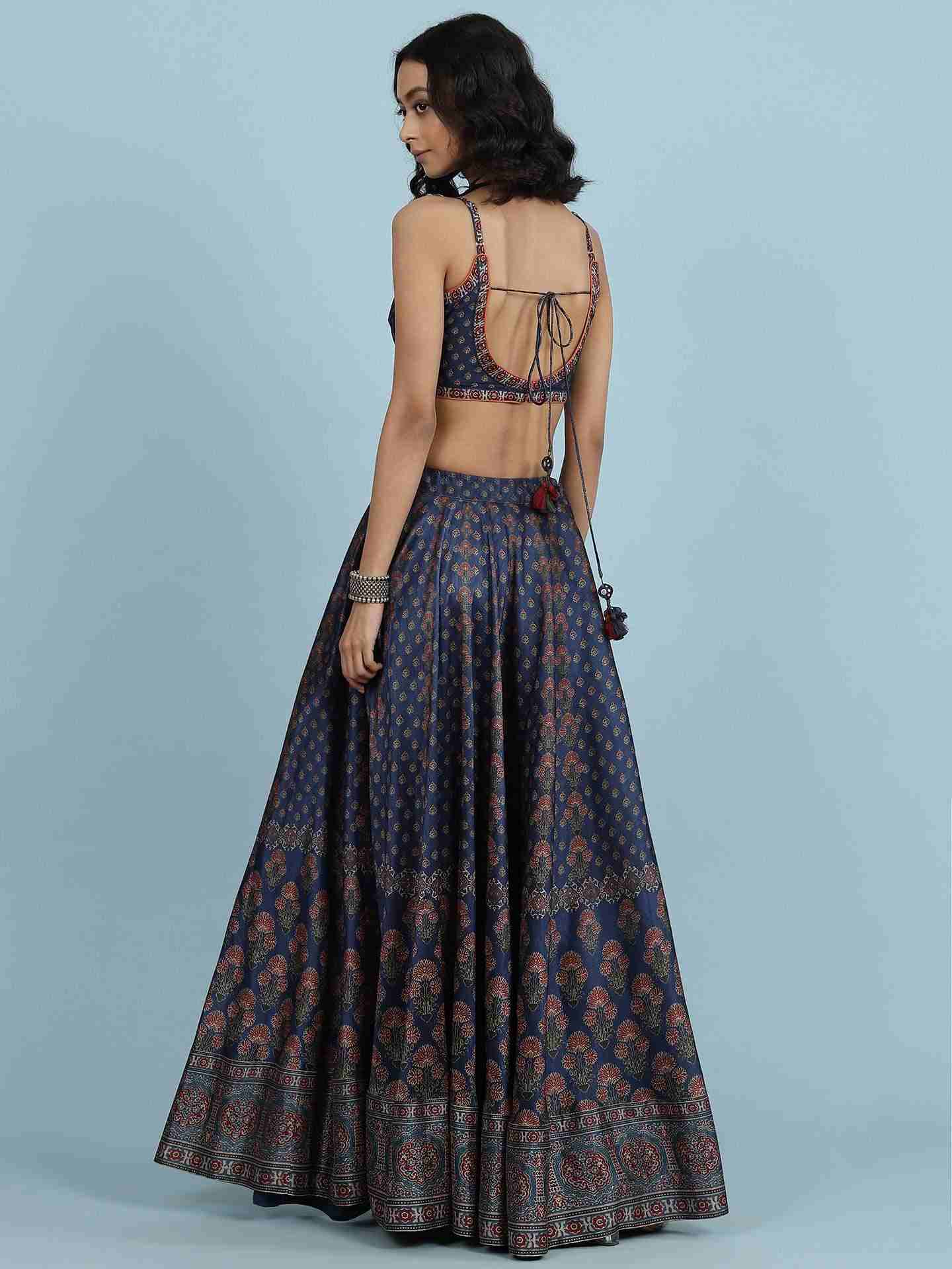 Blue Ajarak Lehenga Set