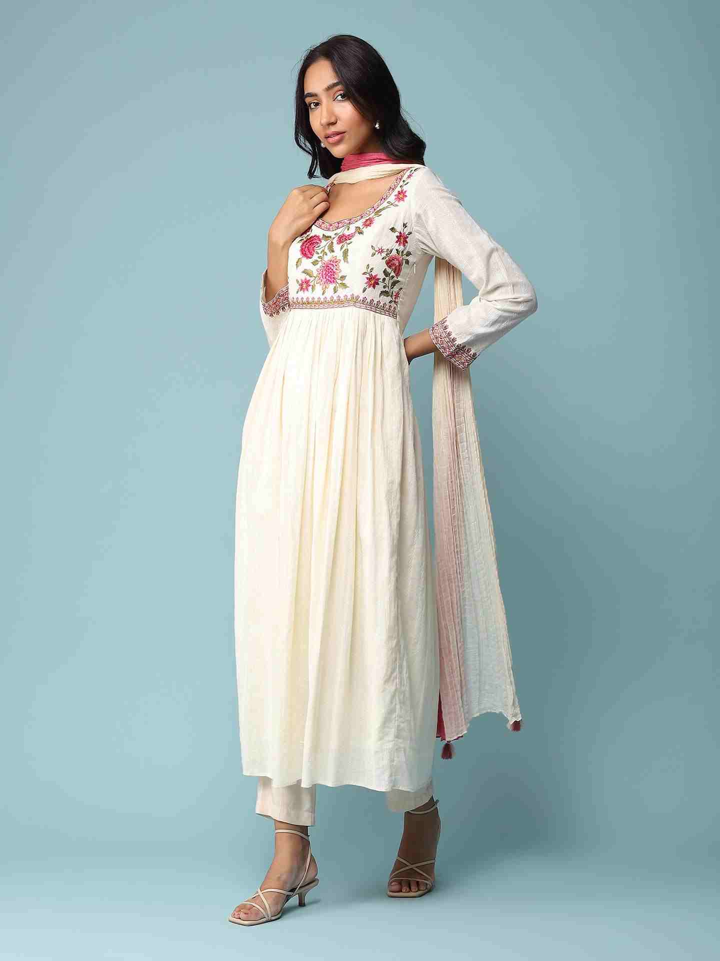Off White Faiza Solid Anarkali Suit