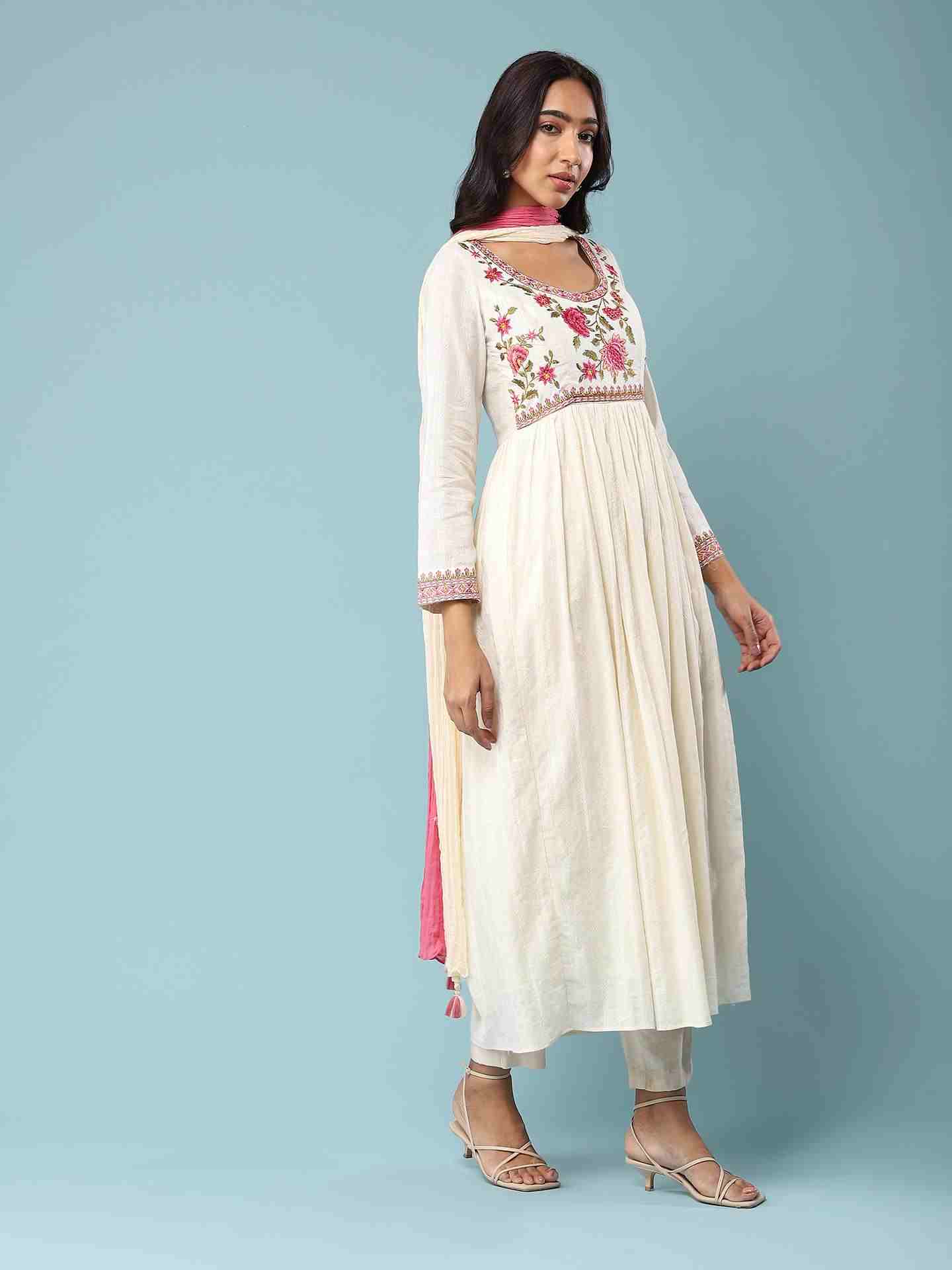 Off White Faiza Solid Anarkali Suit
