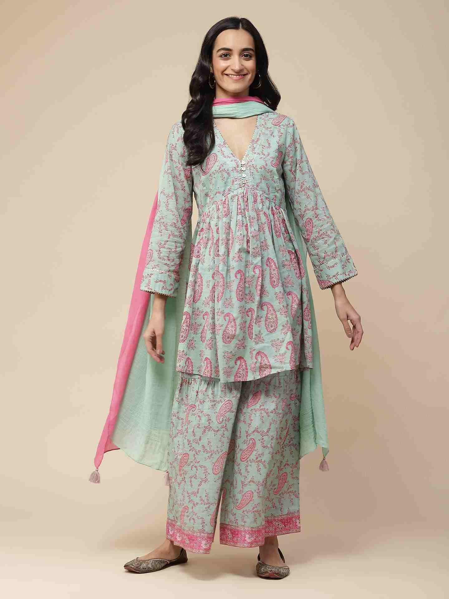 Mint Paisley Print Sharara Suit