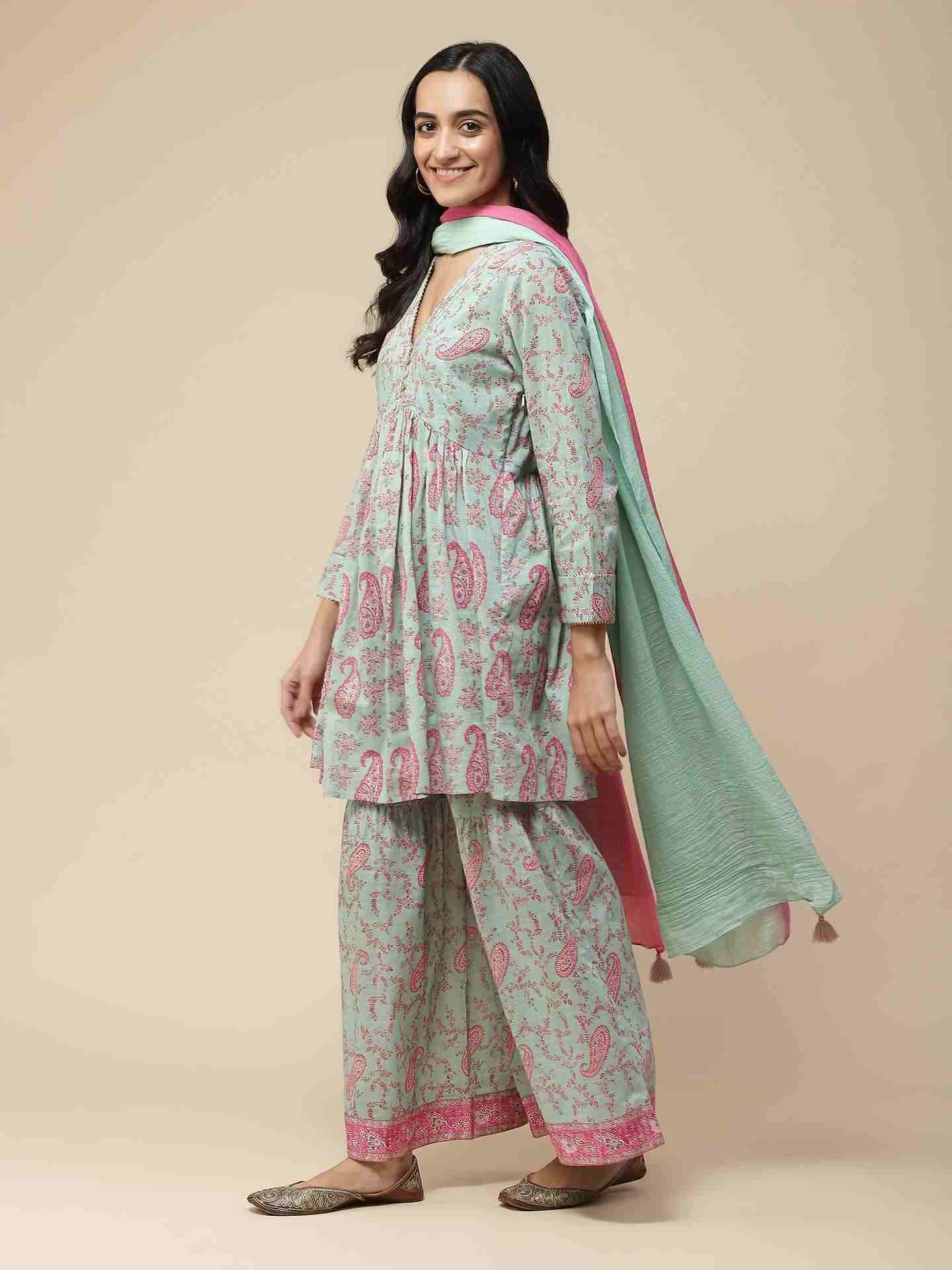 Mint Paisley Print Sharara Suit