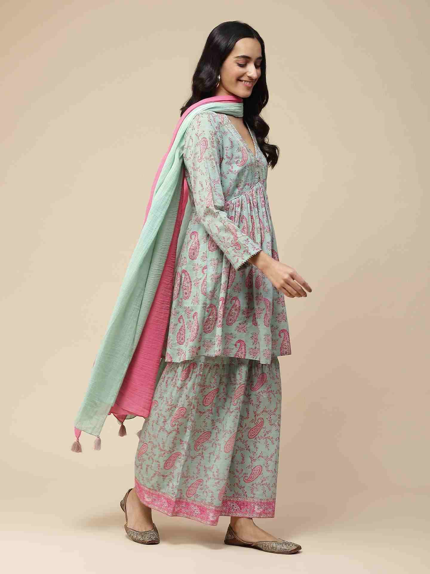 Mint Paisley Print Sharara Suit