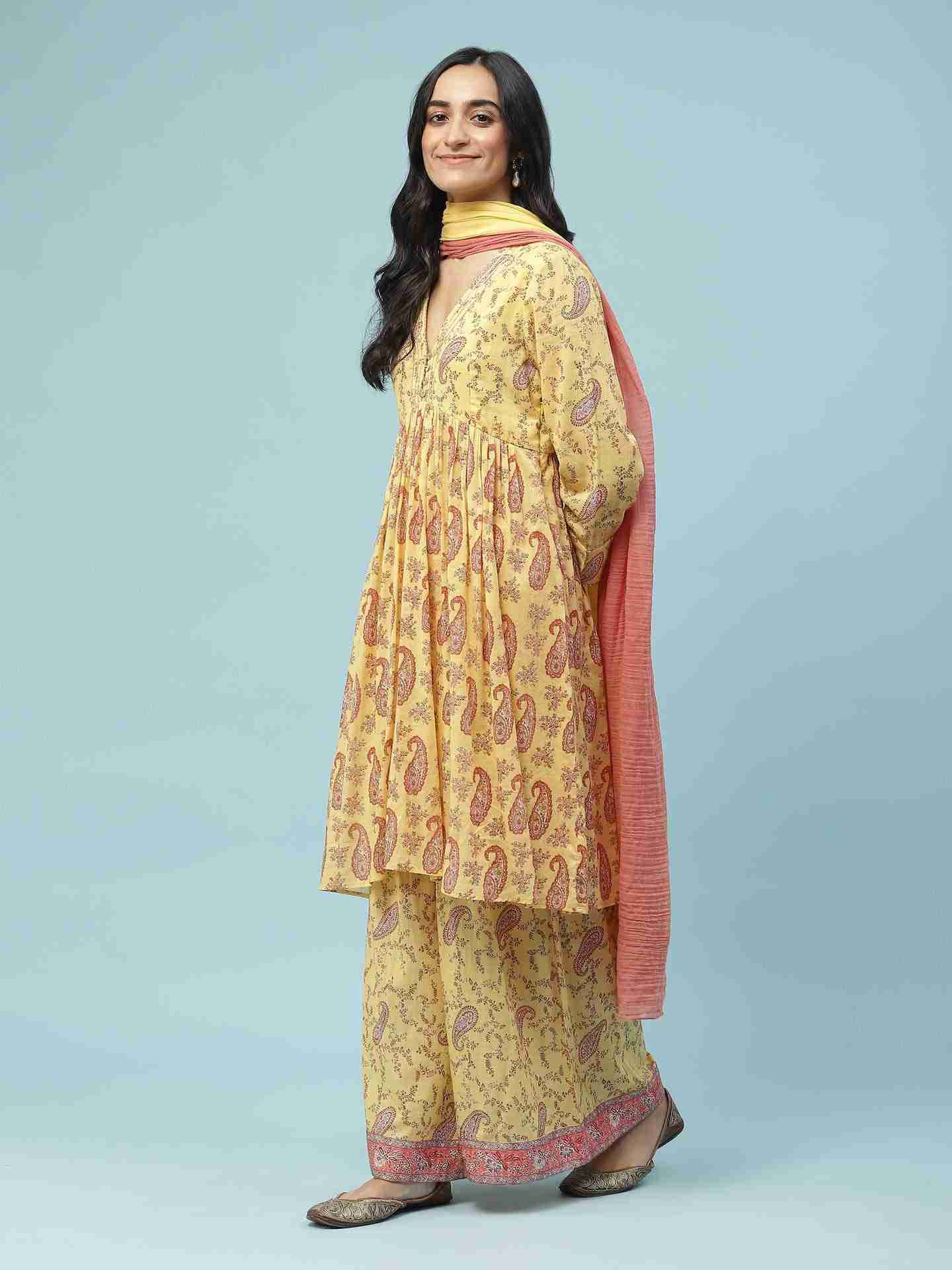 Yellow Paisley Print Sharara Suit