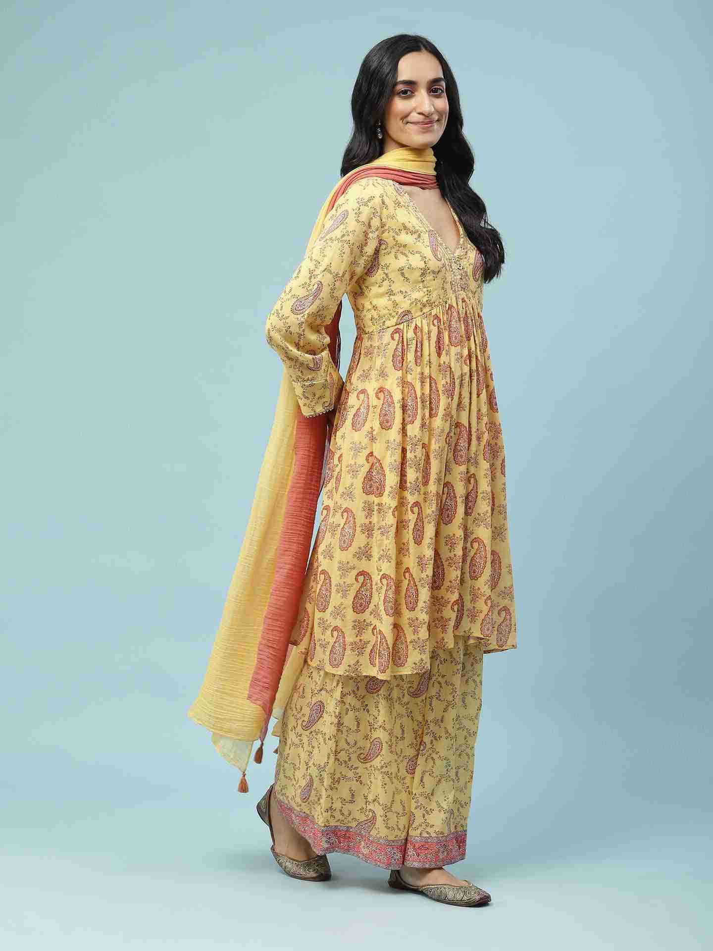 Yellow Paisley Print Sharara Suit