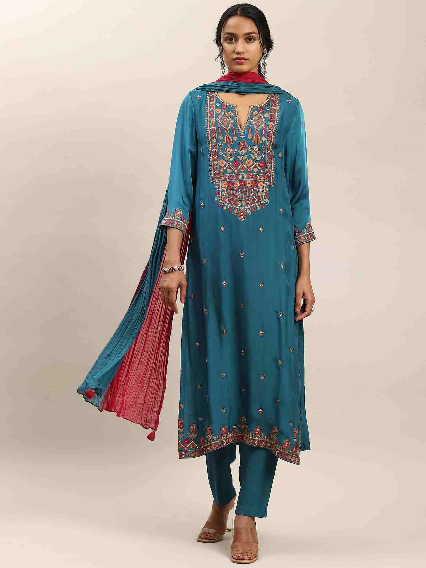 Blue Rosafi Solid Suit Set