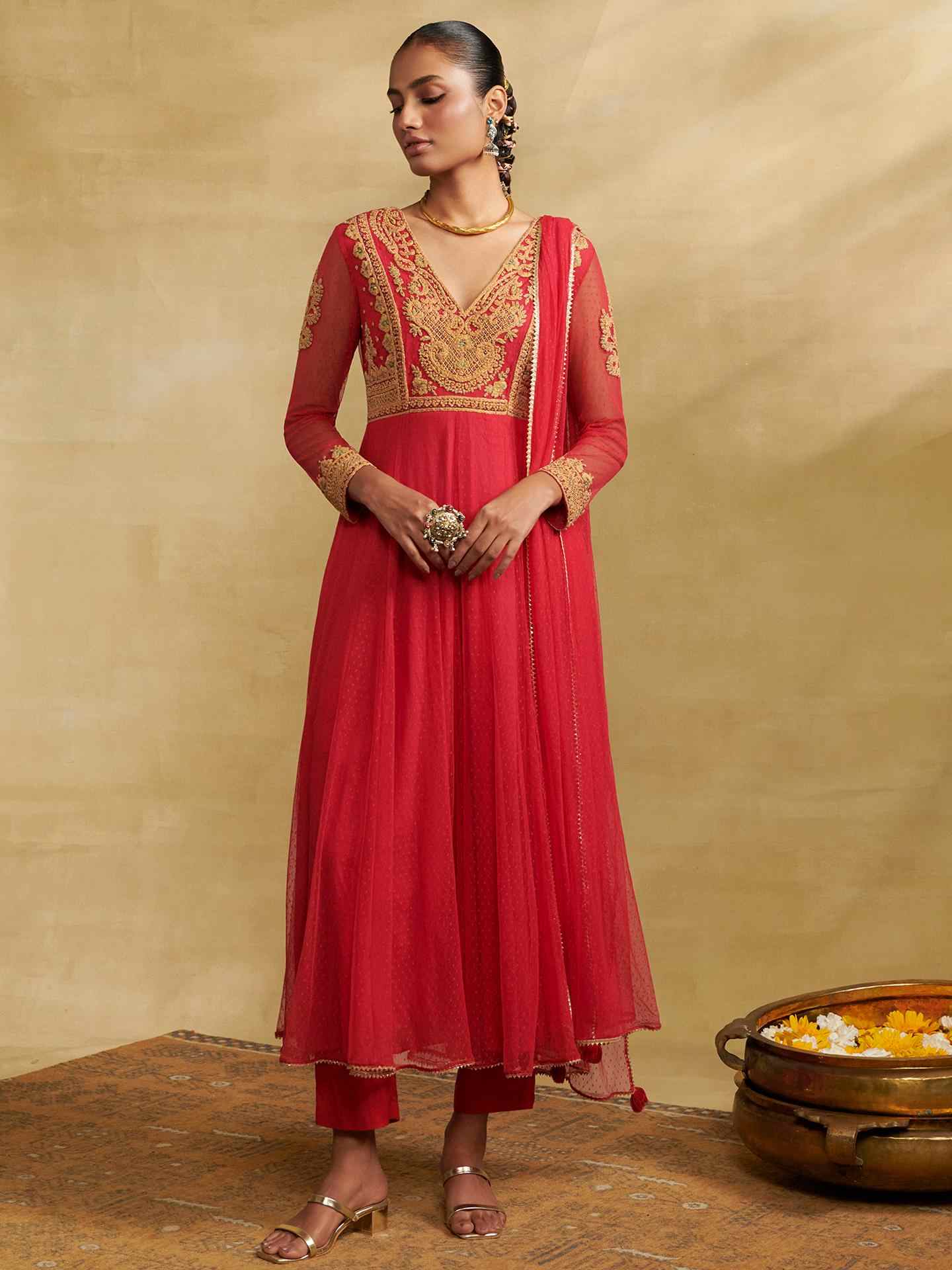 Red Moonflower Solid Suit Set